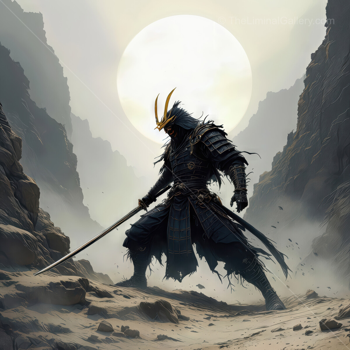 Shogun warrior stands bravely against vast mountains beneath a glowing sun in a dramatic landscape