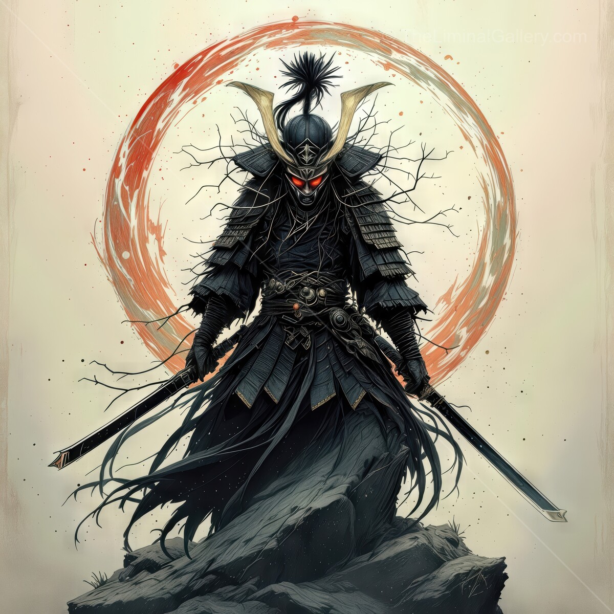 Shogun warrior stands defiantly atop a rocky peak, swords drawn, under a radiant red circle