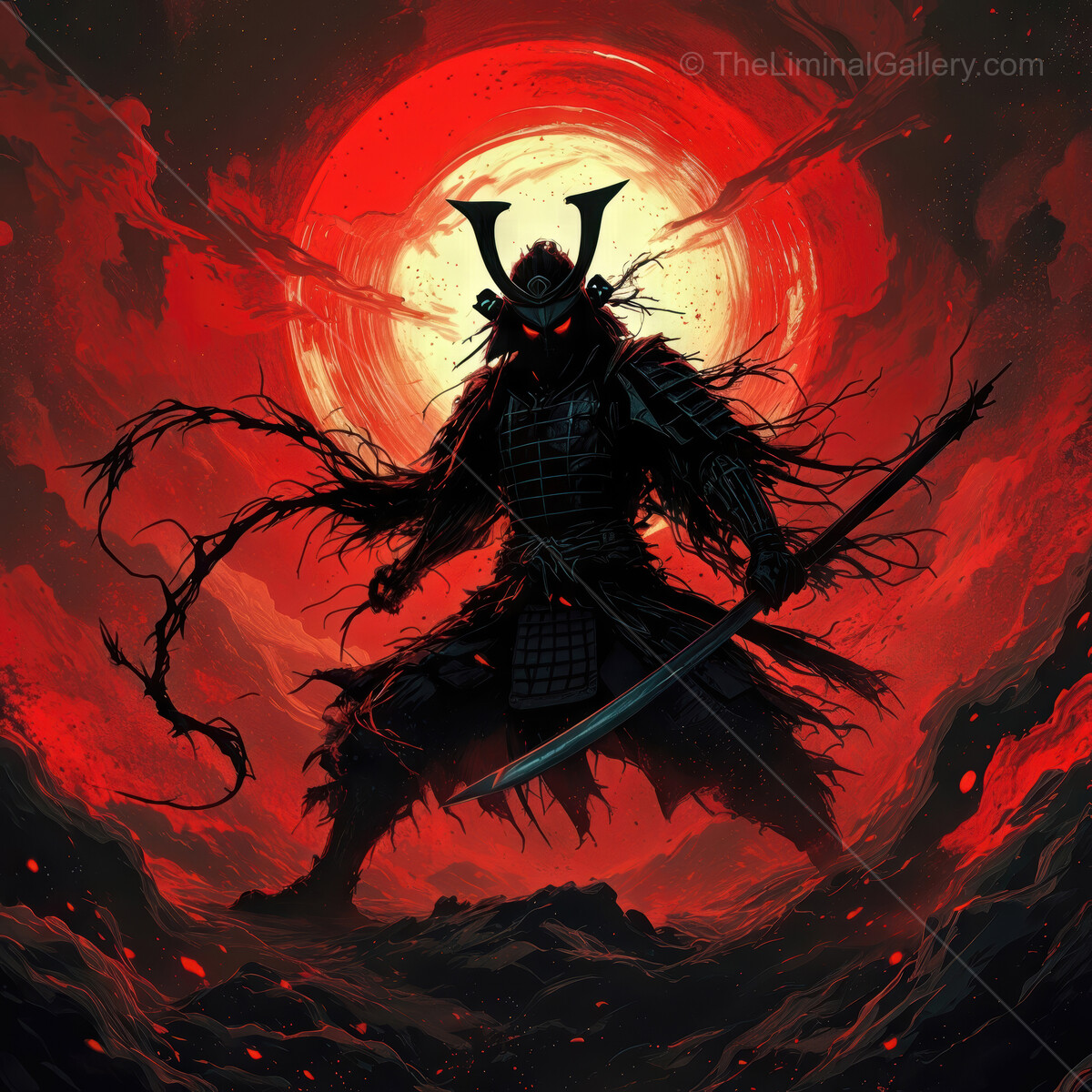 Shogun warrior silhouette stands strong against a fiery red sunset in a dramatic fantasy landscape