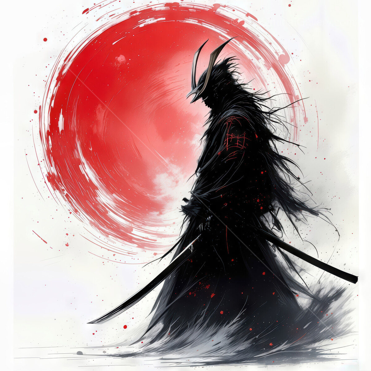 Silhouetted warrior stands under a crimson sun with a mystical aura in the twilight