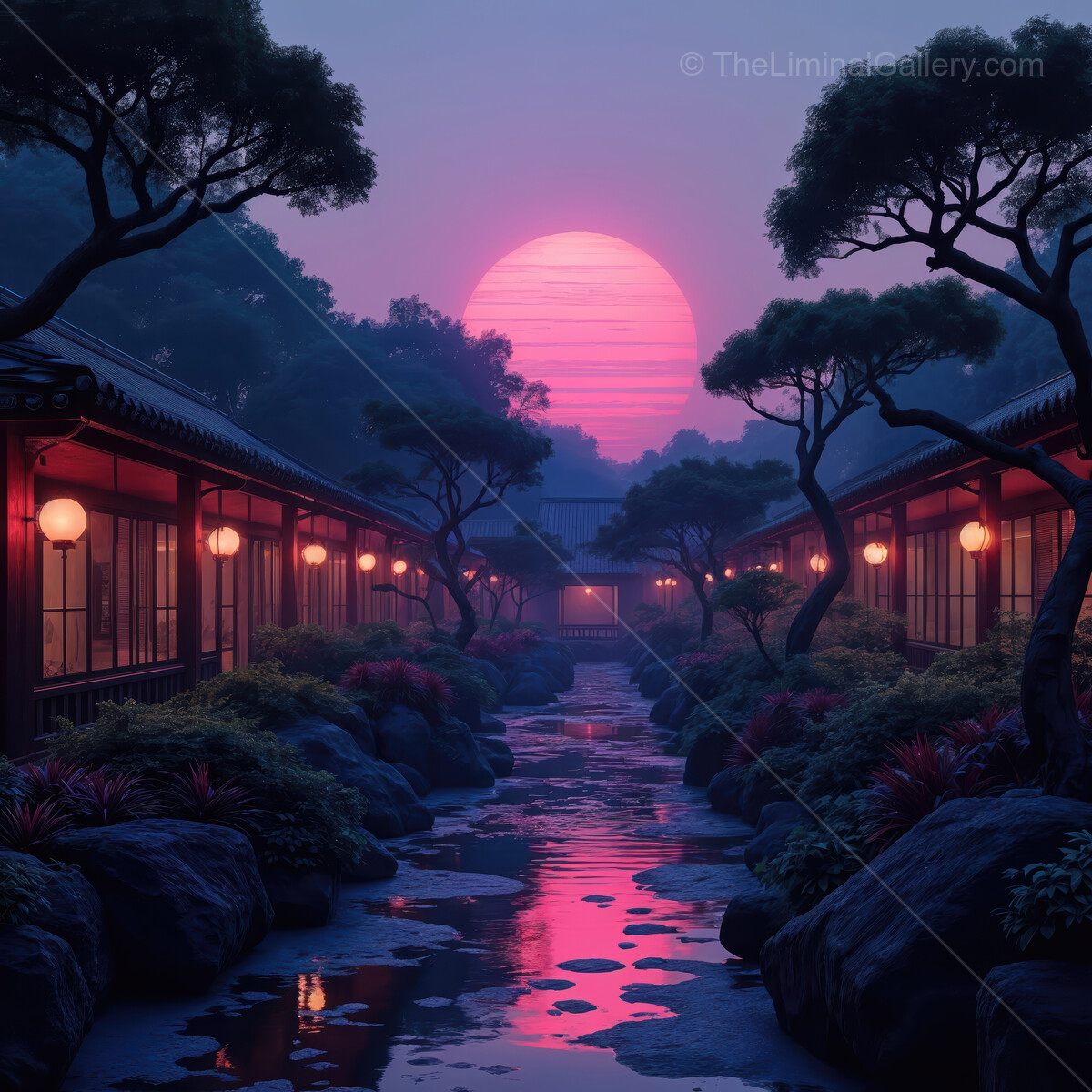 Enchanting twilight casts a serene glow over tranquil Japanese garden pathways