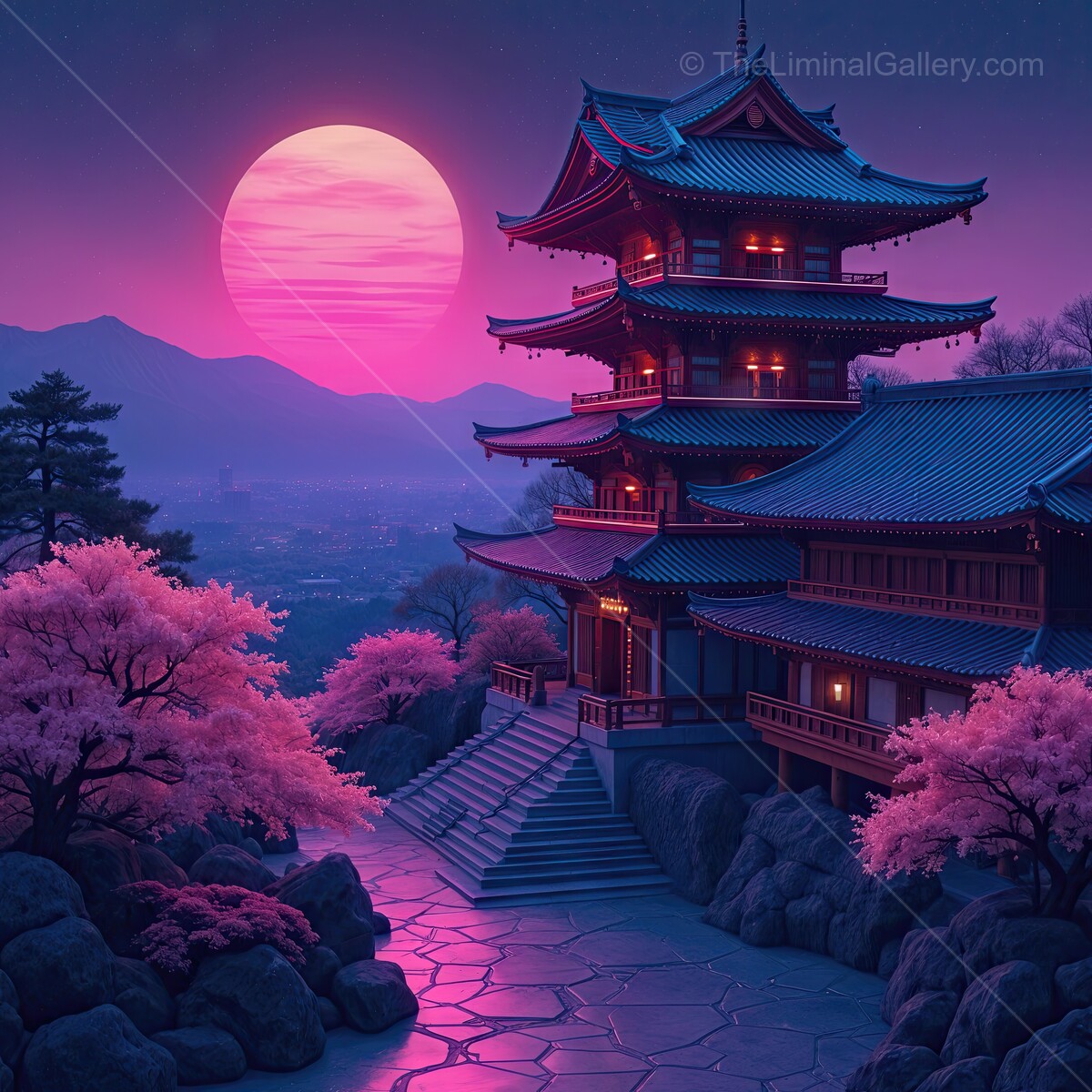Vibrant pink moonrise over a traditional Asian pagoda surrounded by cherry blossoms at twilight