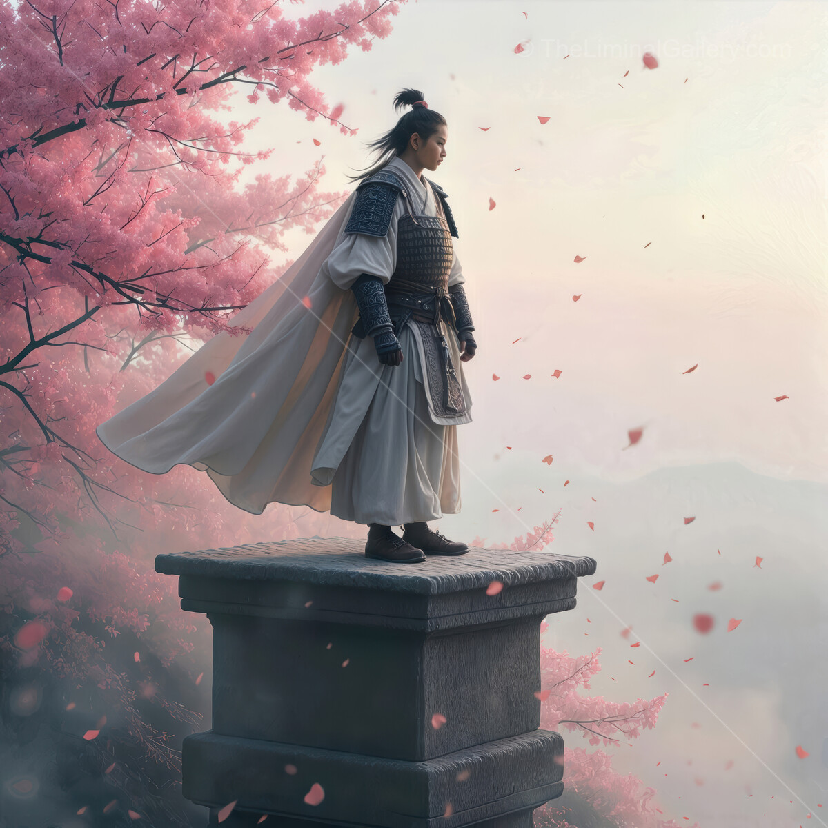 Warrior stands atop ancient stone monument surrounded by cherry blossoms at dawn in tranquil landscape