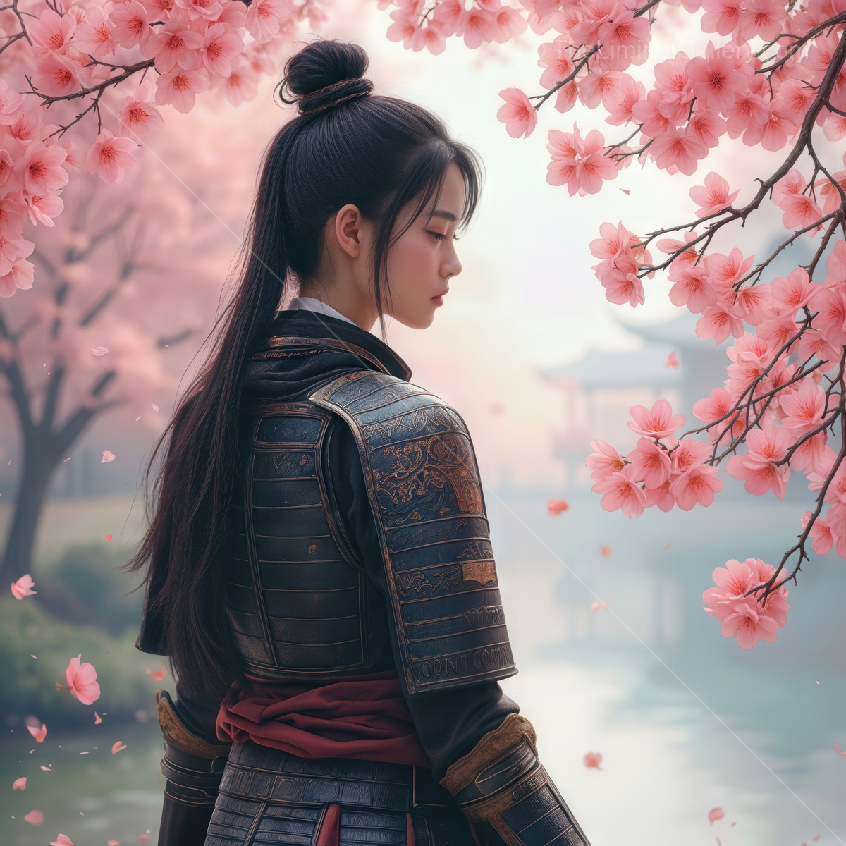 Warrior in traditional armor surrounded by blooming cherry blossoms at a tranquil lakeside in spring dusk