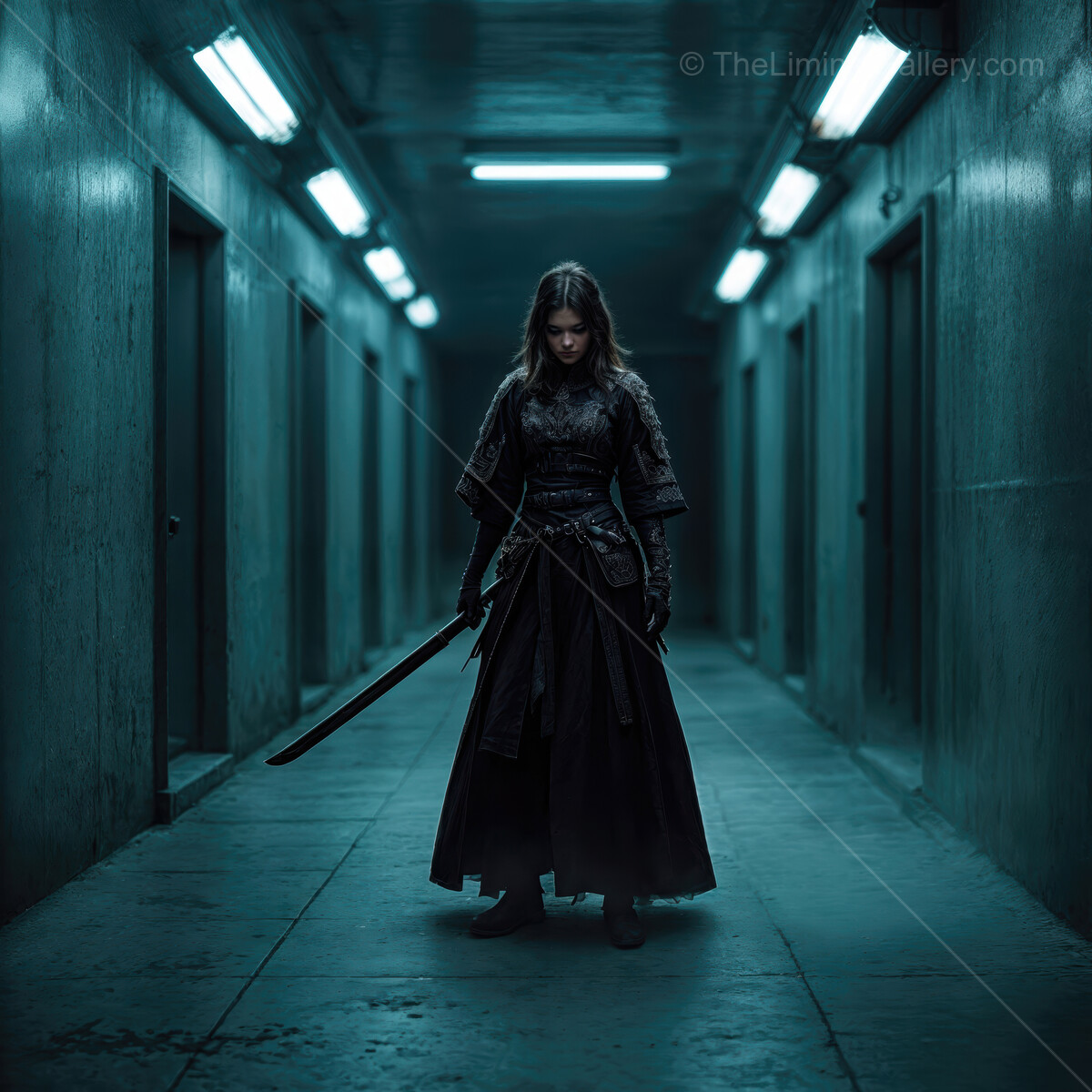 Warrior stands bold in a dimly lit corridor, preparing for battle at twilight