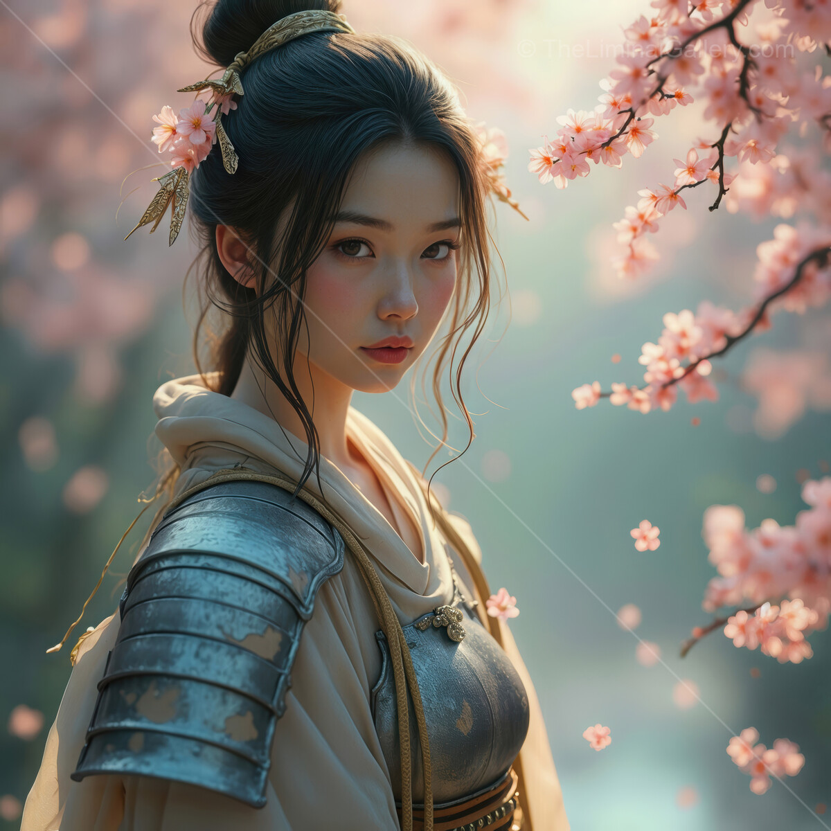 Warrior in a tranquil cherry blossom grove at dawn, embracing peace and strength