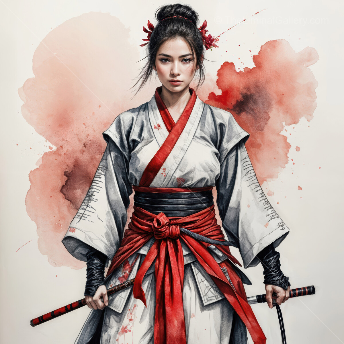 Warrior maiden stands confidently with katana under vibrant red splashes