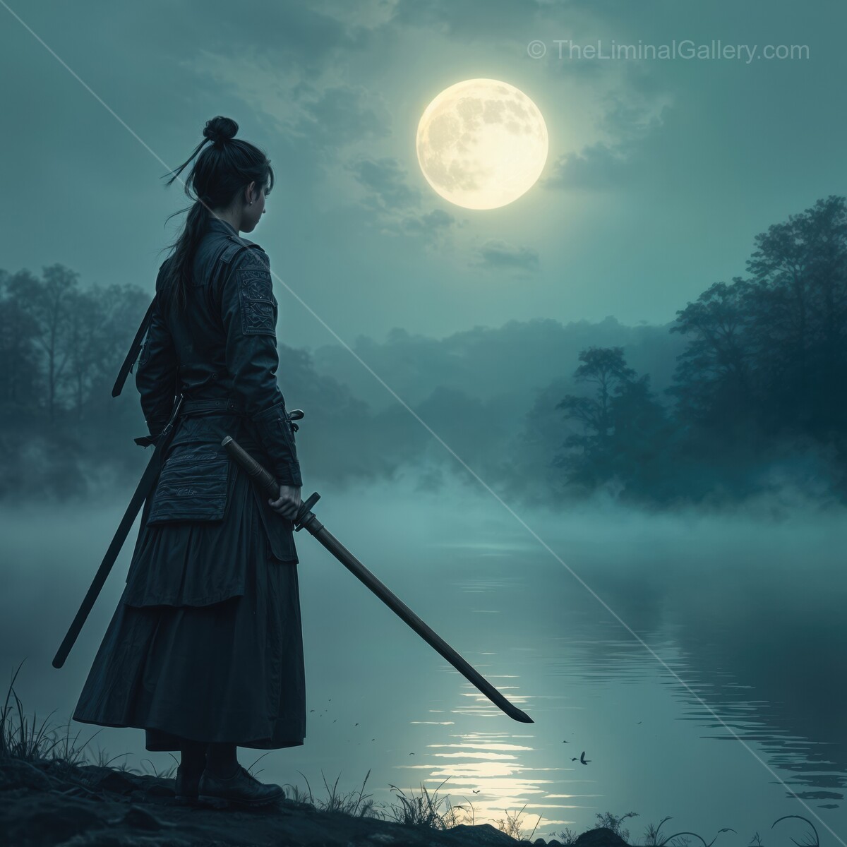 Warrior gazes at the mystical moonlight reflecting on serene waters at night