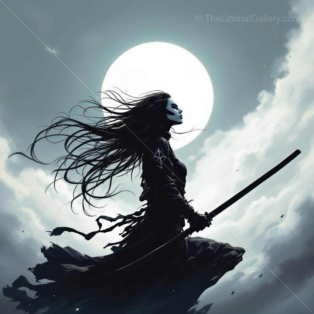Warrior on a moonlit night embodies strength and mystery in a captivating silhouette amidst the clouds
