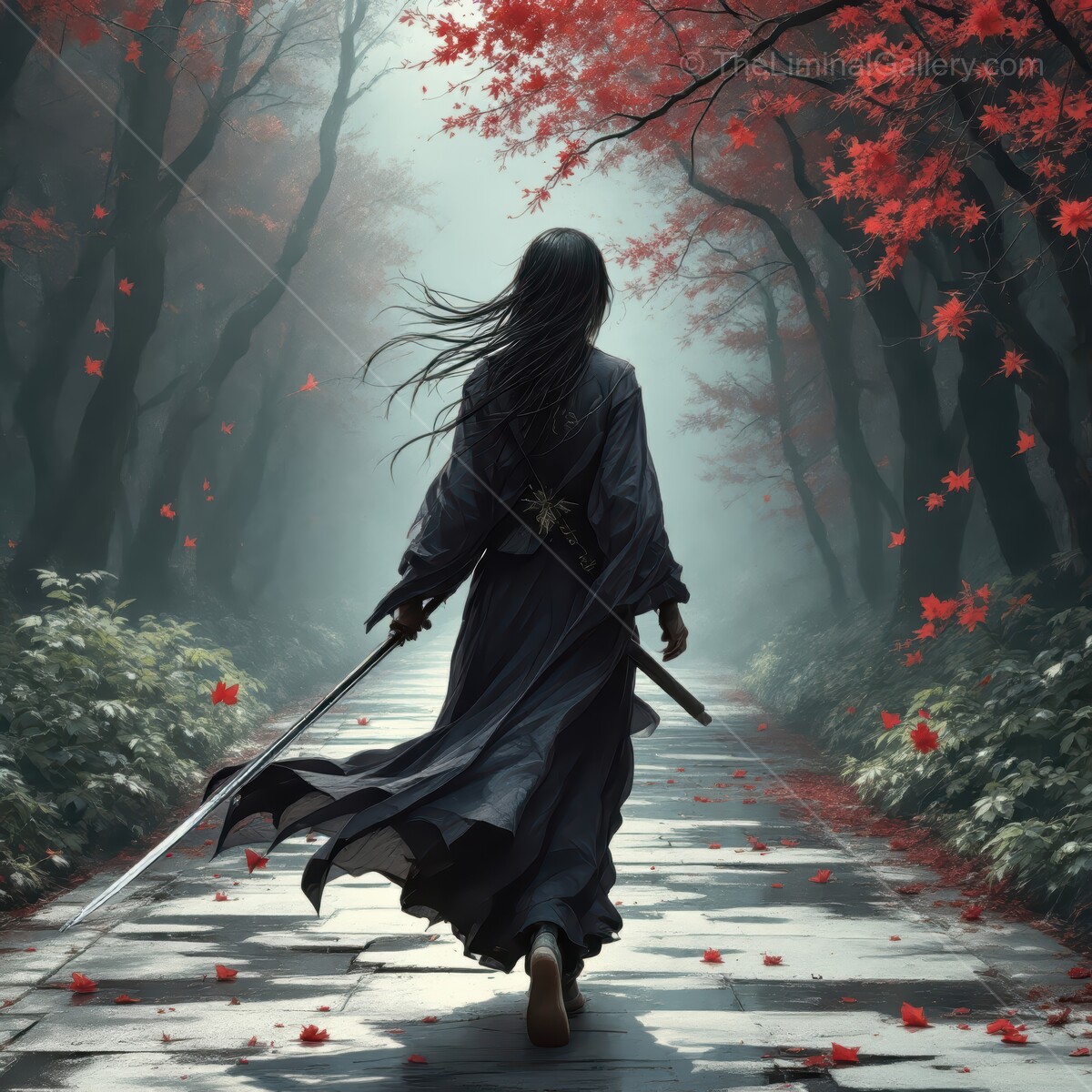 Warrior traverses a mystical path under vibrant autumn leaves in a serene forest setting
