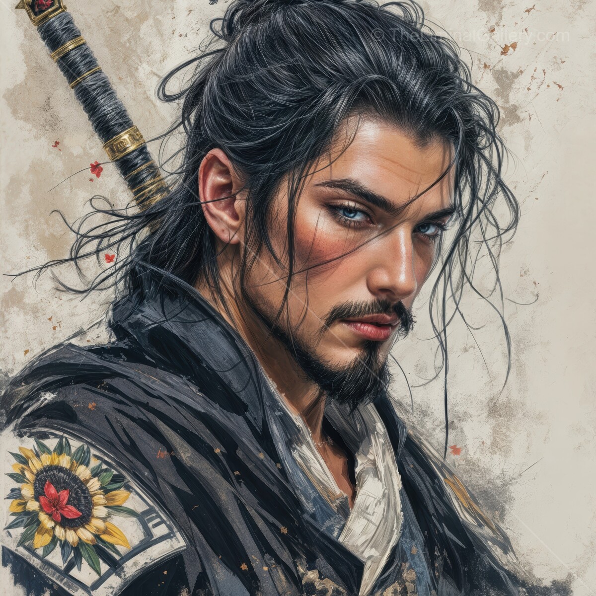 Warrior reflects on his journey amidst blooming cherry blossoms in serene spring sunlight