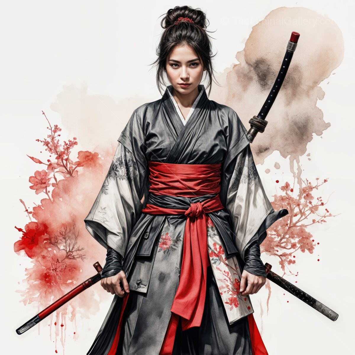 Warrior in traditional attire commands the essence of strength and elegance in a blossoming landscape