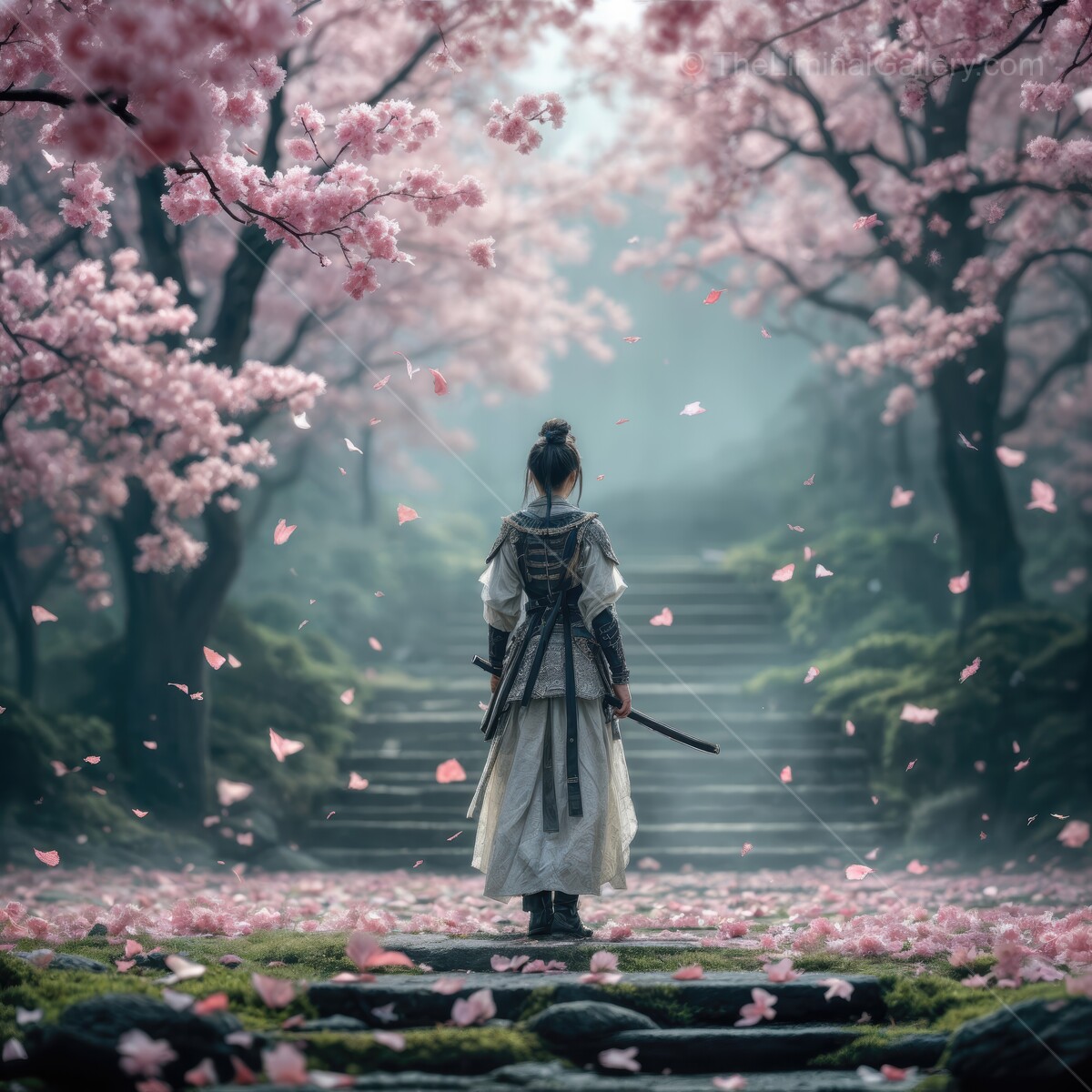 Warrior in a tranquil cherry blossom path contemplating the beauty of nature at dusk