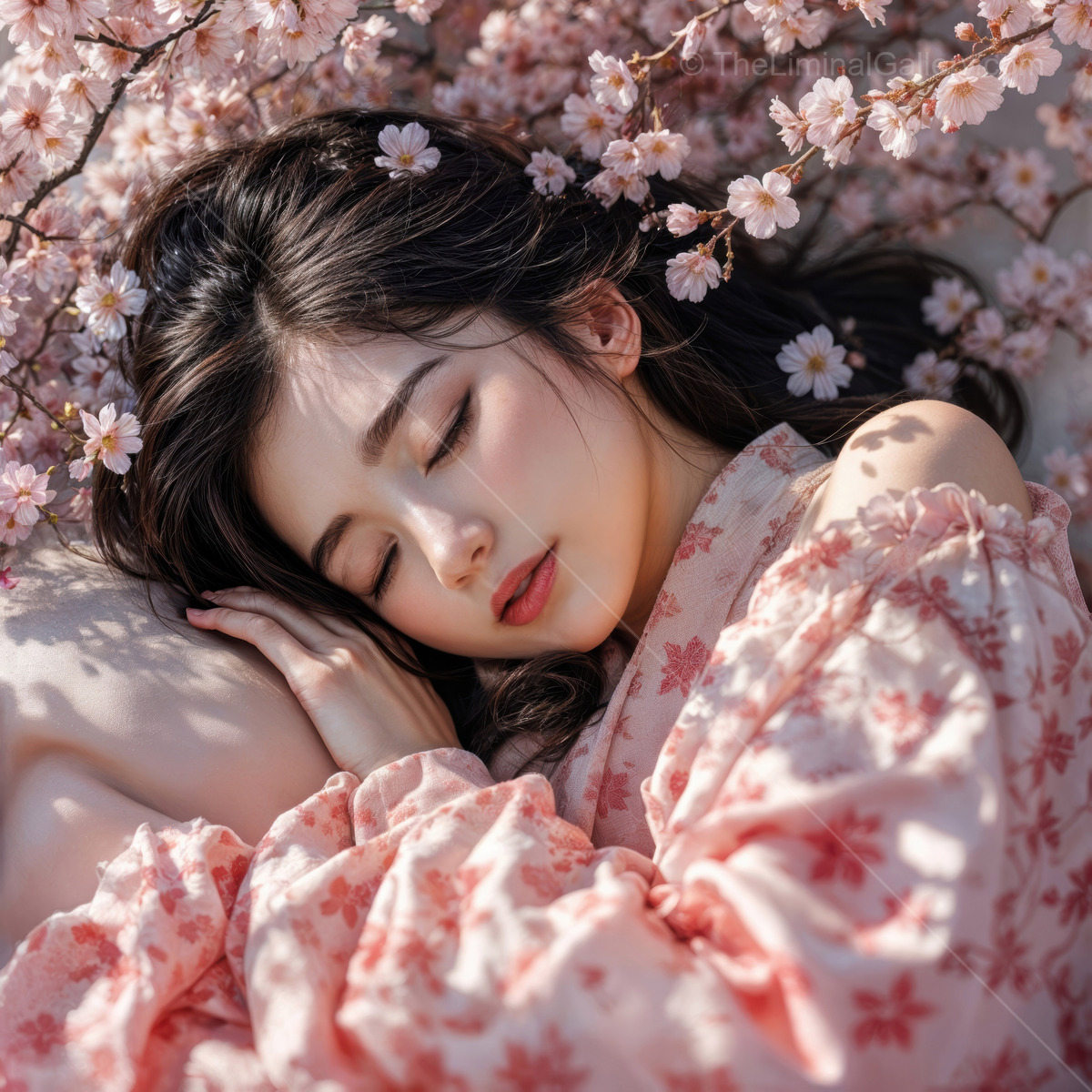 Woman relaxes among cherry blossoms, embracing tranquility in a serene moment of beauty during springtime