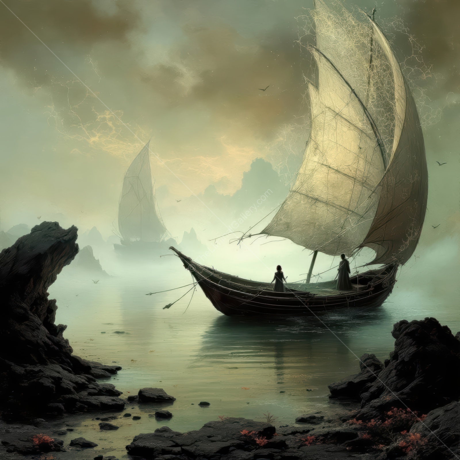 Mysterious journey across misty Eastern waters at dawn with traditional Asian sailing vessels and rocky shoreline