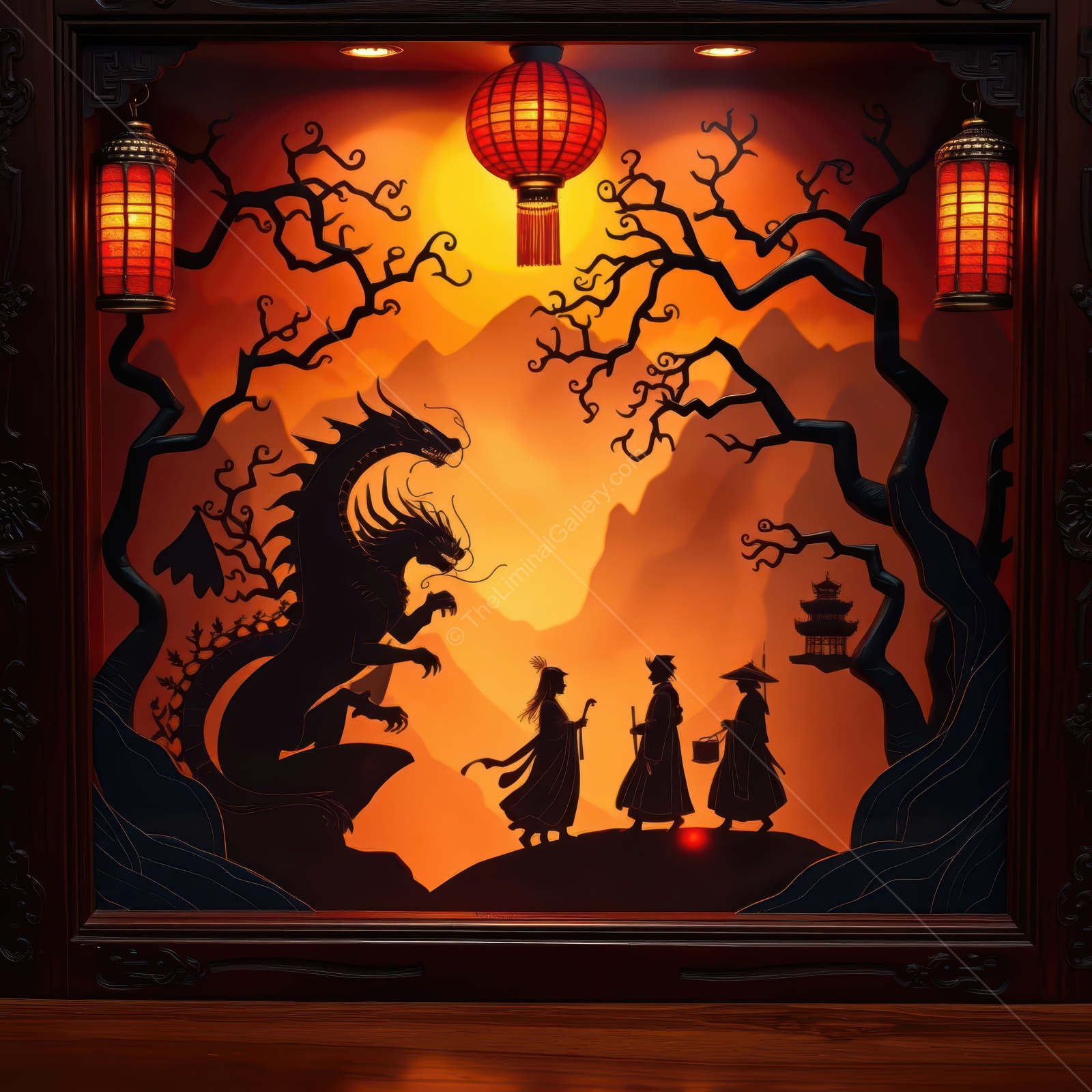 Mysterious night in an ancient Asian landscape with shadows, lanterns, and mythical creatures evoking a sense of Eastern wonder