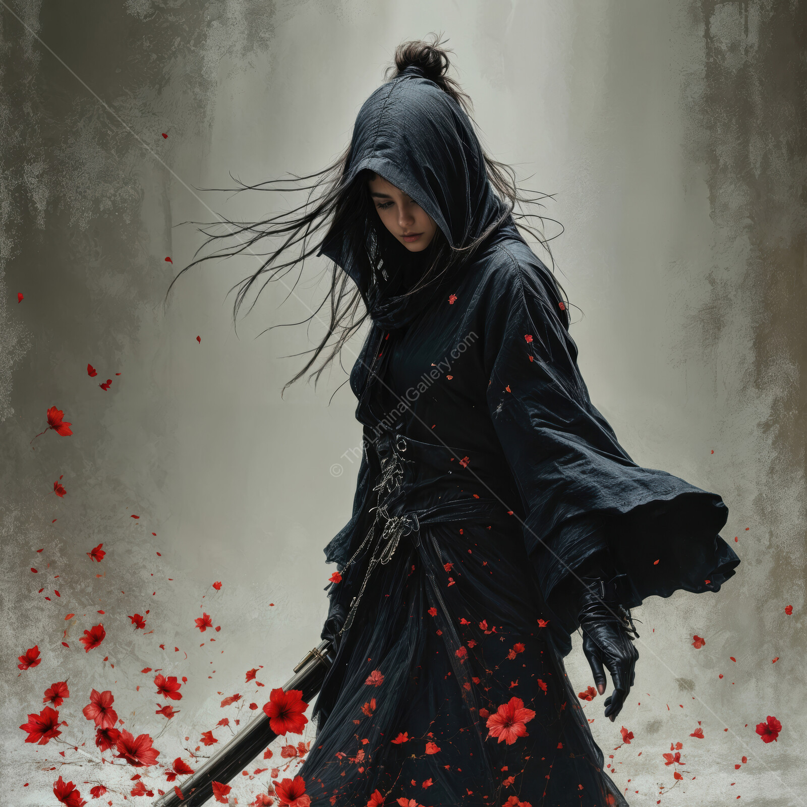 Asian female assassin in black cloak surrounded by red flower petals in an ethereal setting