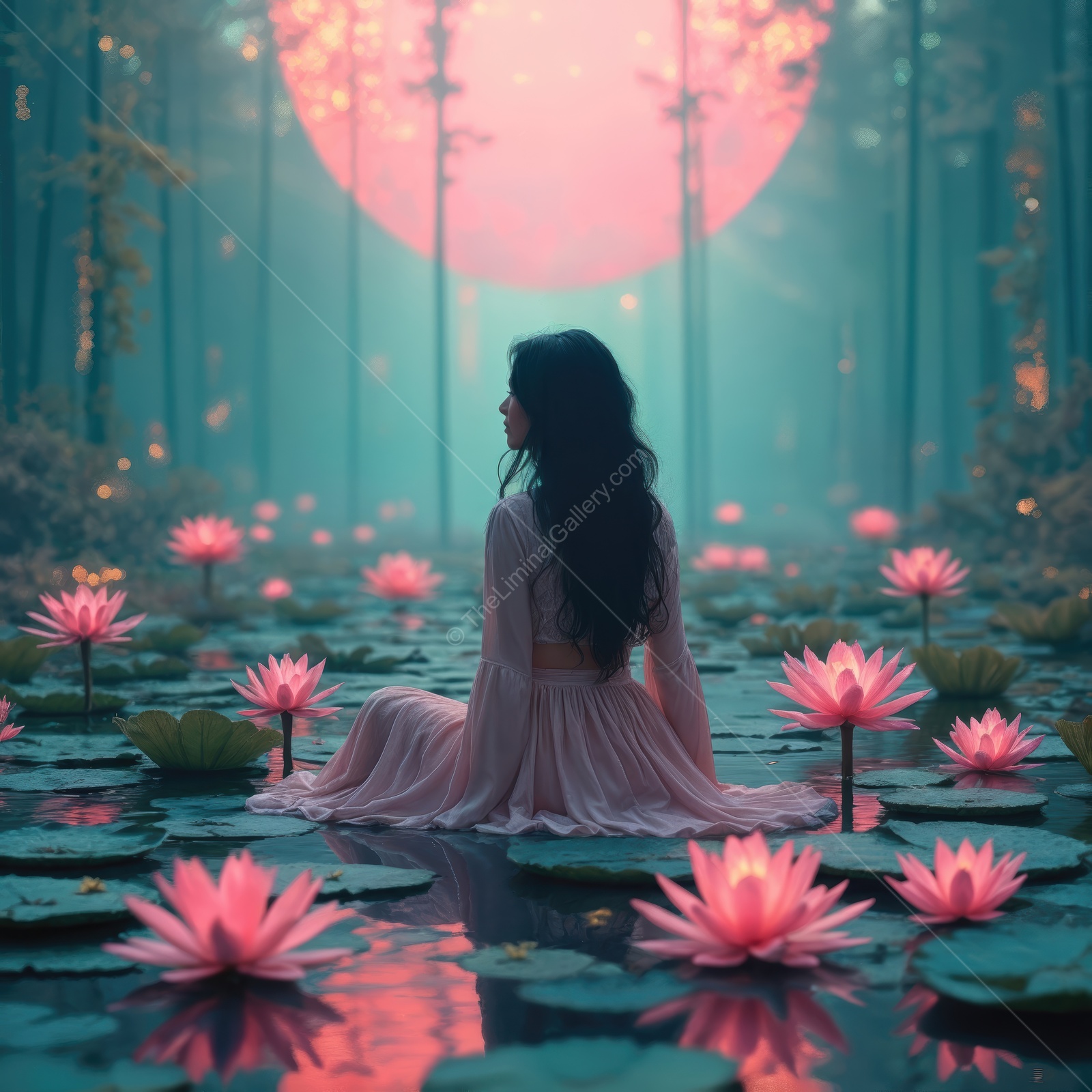 Serenity in the enchanted Eastern forest under the glowing moonlight with blooming Asian lotus flowers at dusk