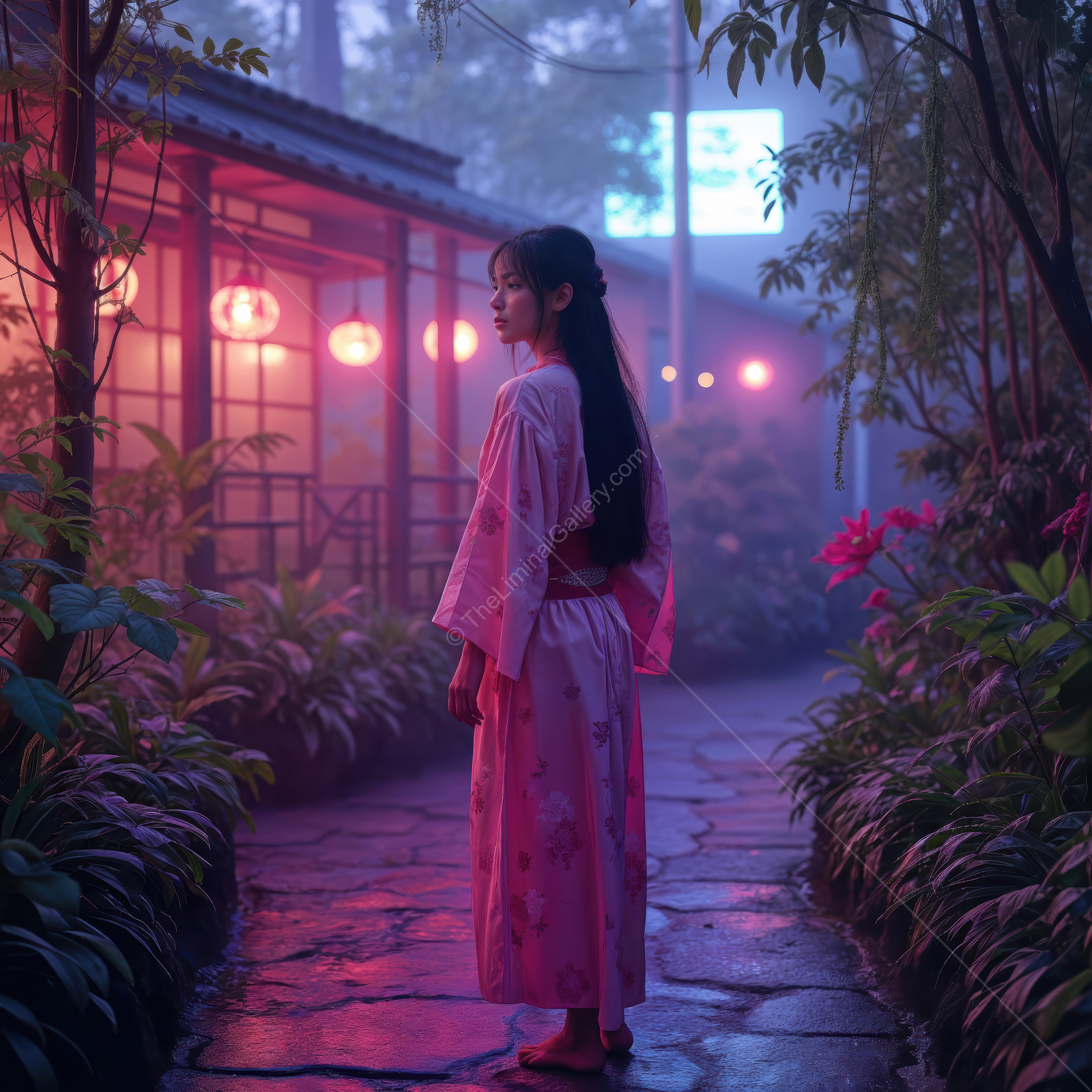 Mystical evening stroll in a serene Eastern garden under glowing lanterns