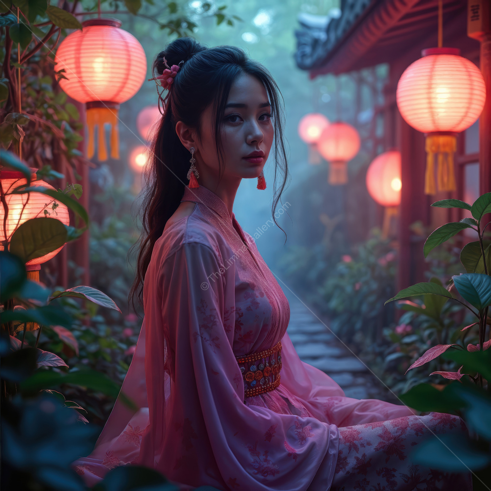 Young woman in Asian traditional attire surrounded by glowing lanterns in a serene Eastern garden at dusk