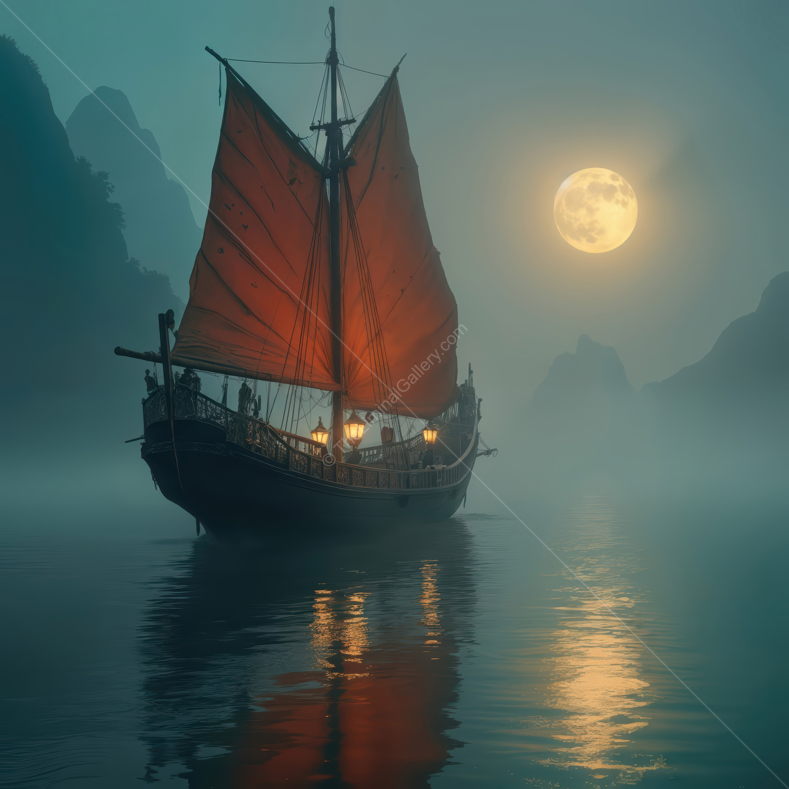 Moonlit journey of a traditional Asian junk boat through misty waters under a glowing Eastern full moon