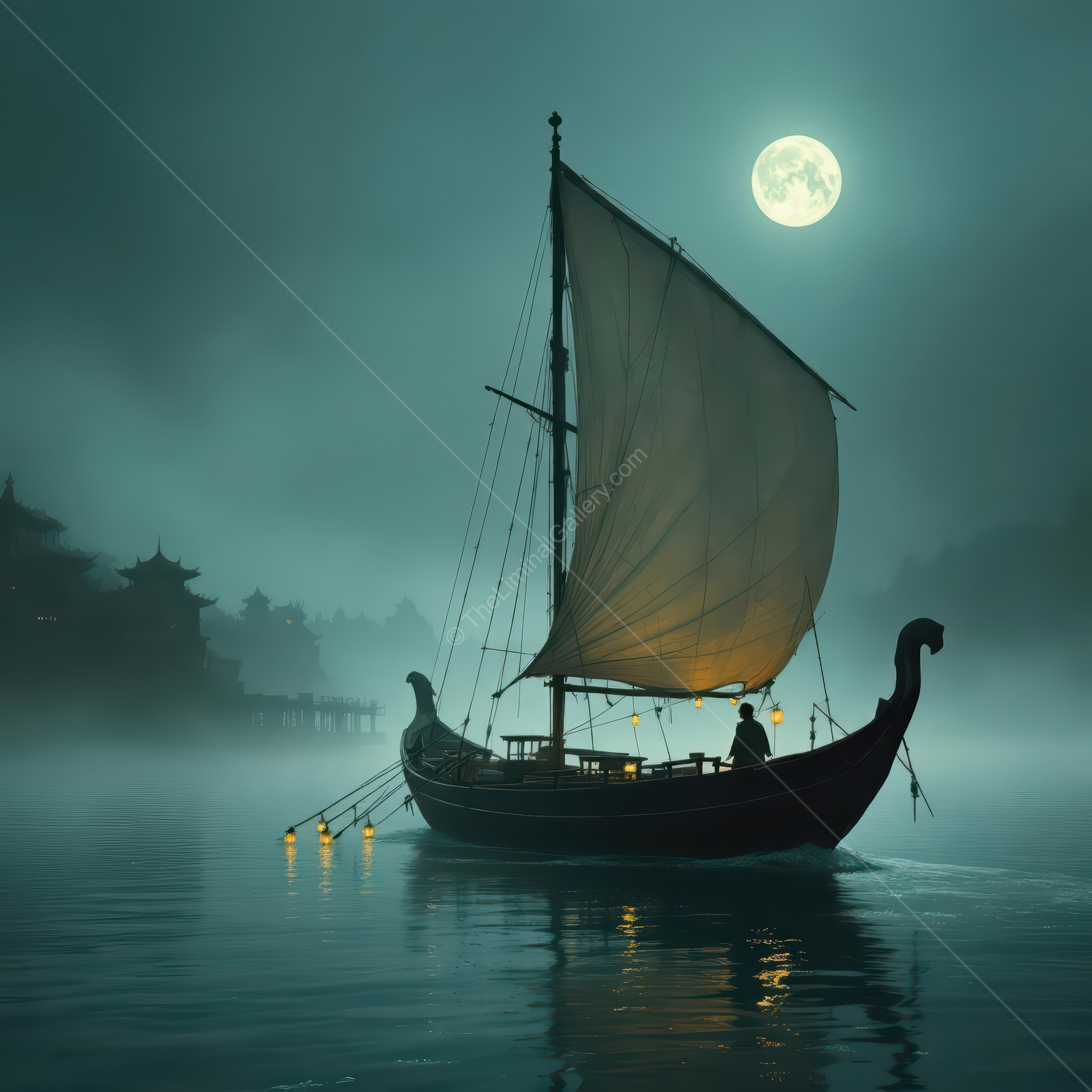Nighttime voyage on a serene Asian lake under a full moon with a traditional Eastern sailboat softly glowing