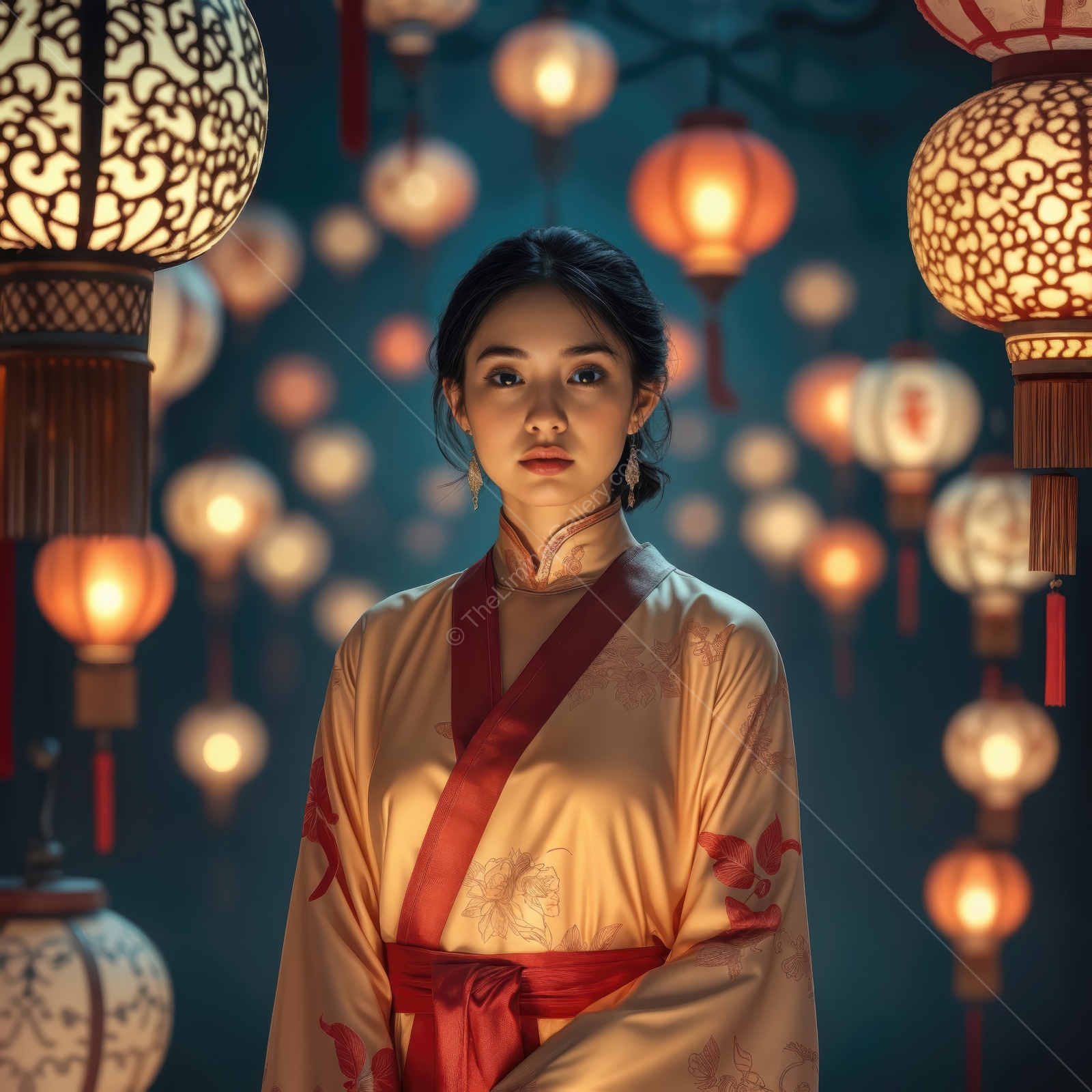 Elegant Asian woman in traditional attire surrounded by glowing lanterns during a festive Eastern evening