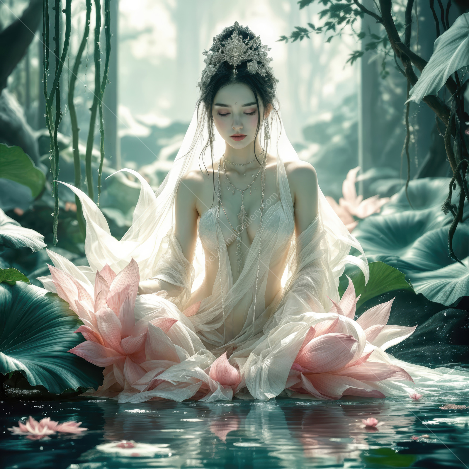 Ethereal Asian beauty in a serene Eastern garden surrounded by blooming lotus flowers in the soft light of dawn