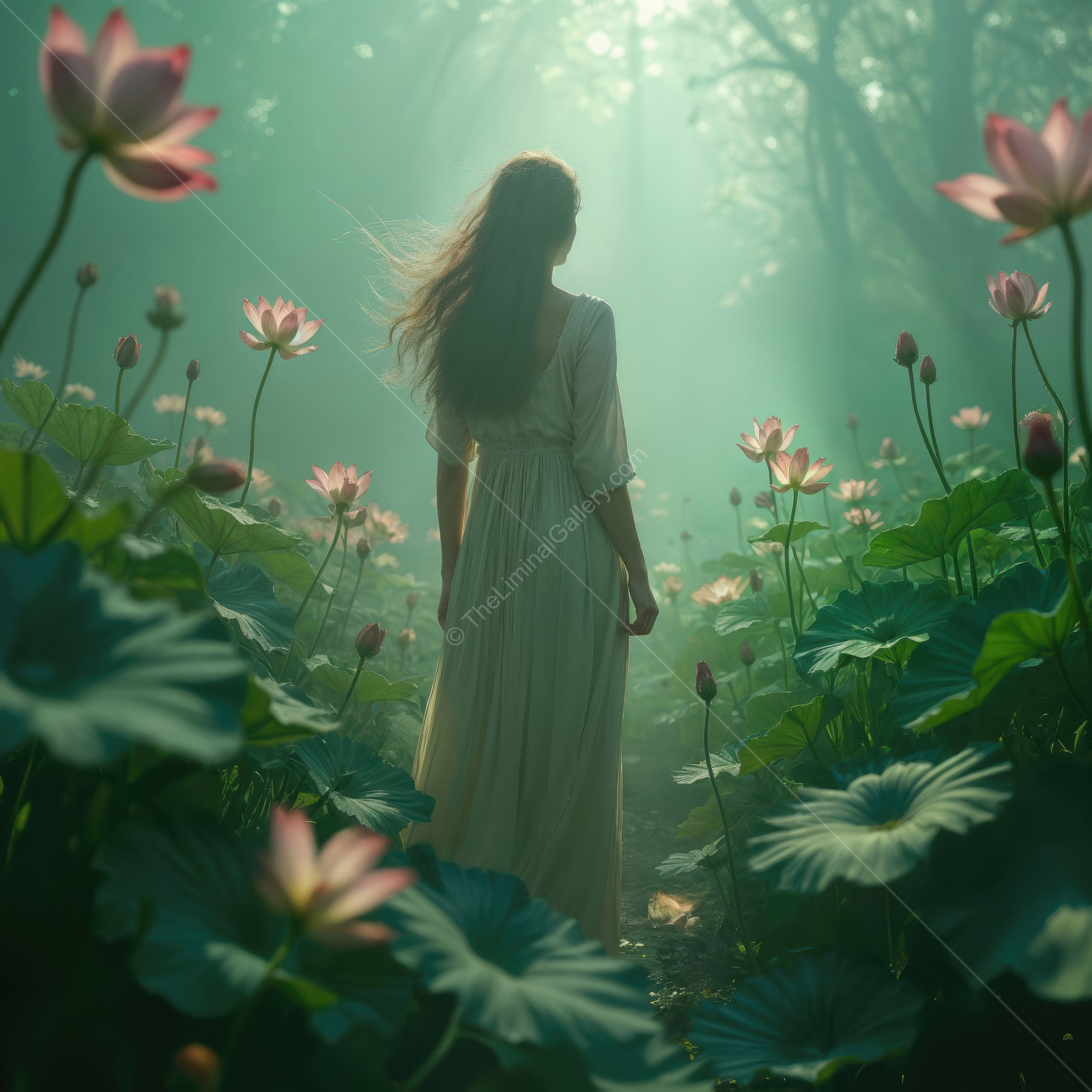 Walking through a dreamlike Asian lotus garden at dawn, a serene figure embraces the beauty of Eastern nature and tranquility