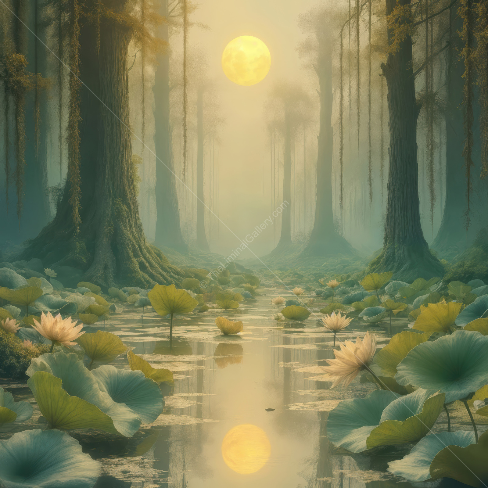 Serene Asian lotus pond at dusk with golden sun illuminating a tranquil Eastern forest setting