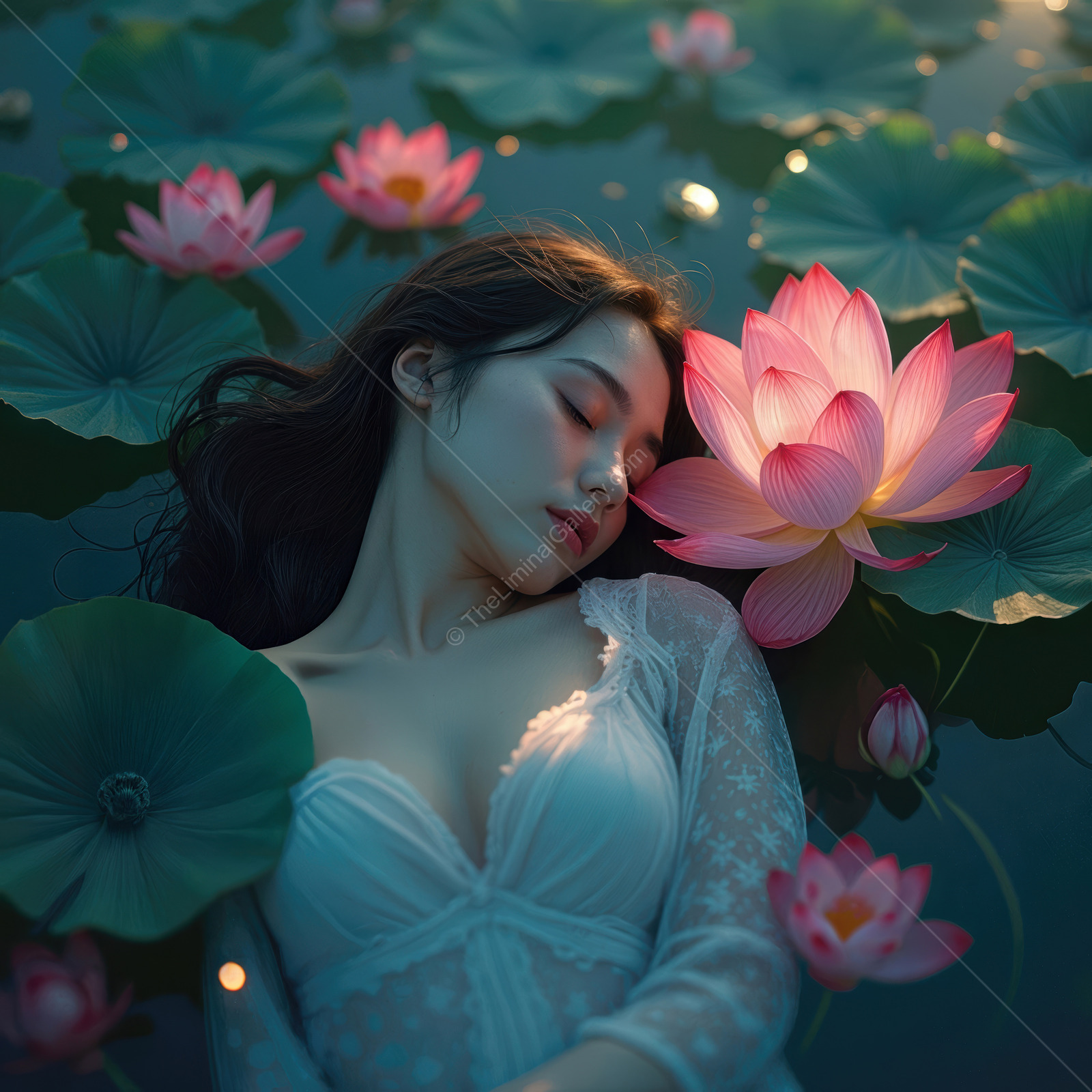 Serene Asian beauty resting among blossoms in a tranquil pond at Eastern twilight