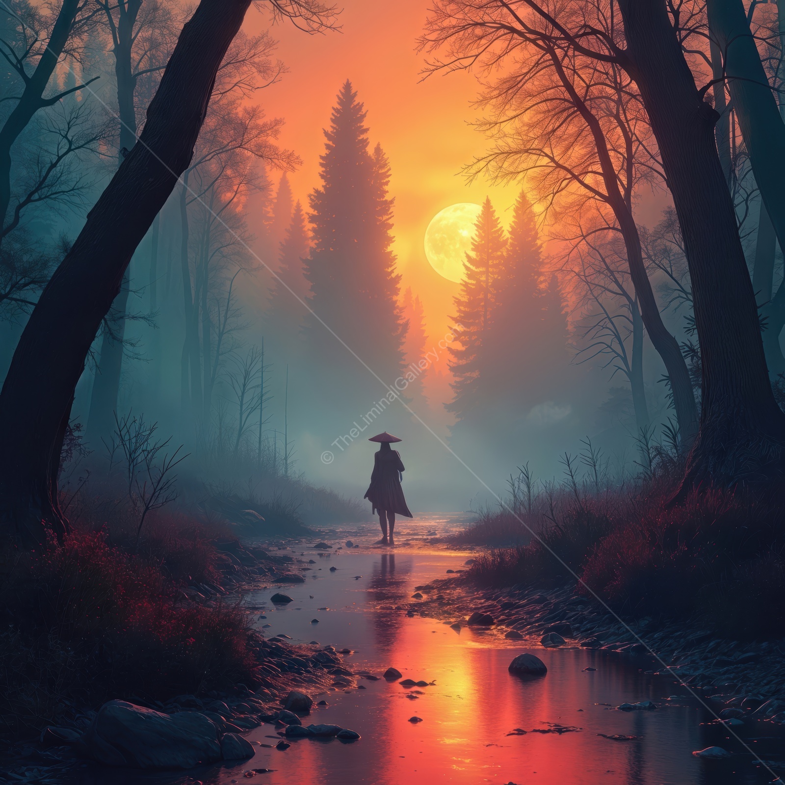 Mysterious figure walking along a tranquil stream under a glowing Eastern moonrise surrounded by tall Asian trees and misty landscapes
