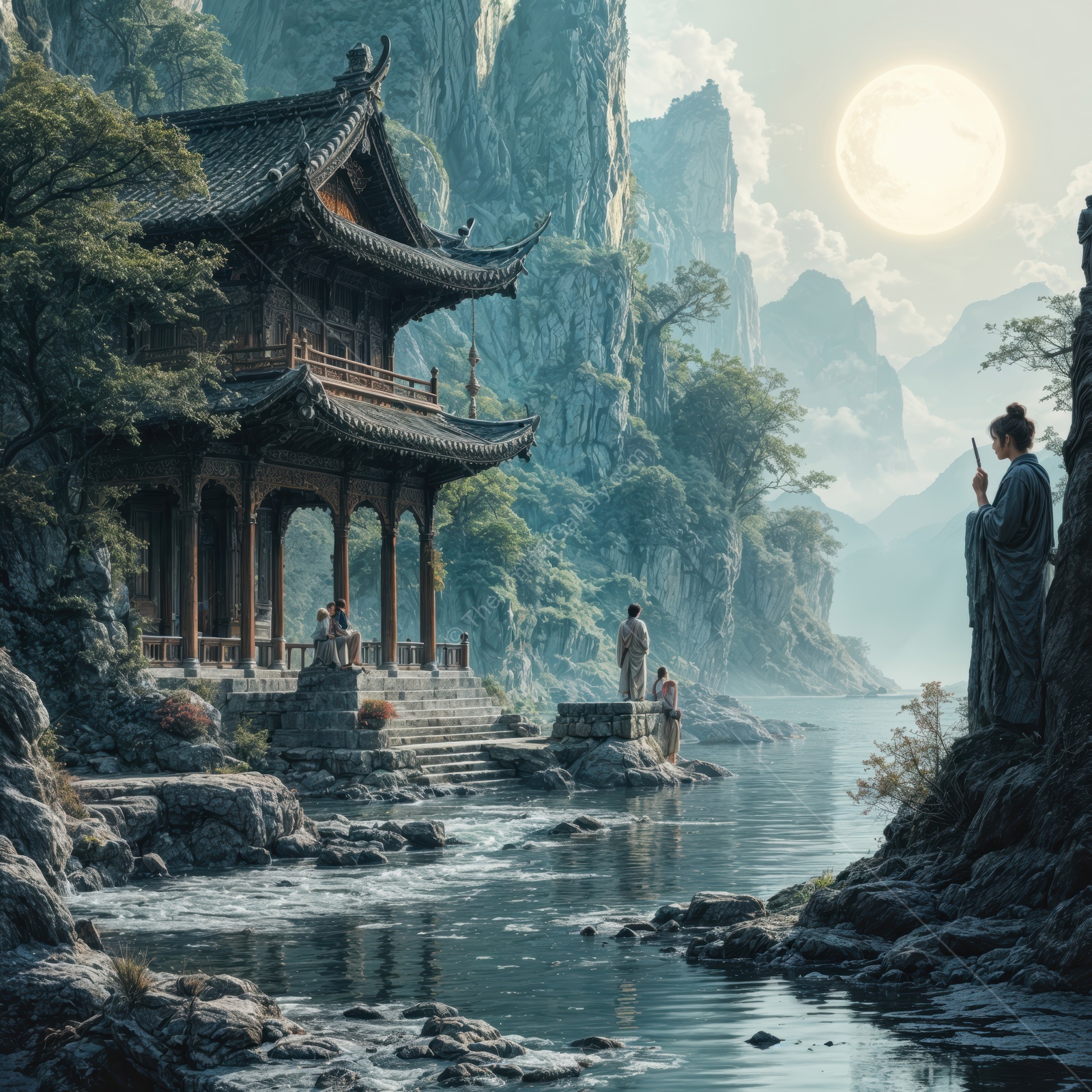 Serenity among Asian mountains at twilight with ancient Eastern architecture and tranquil waters reflecting the moonlight