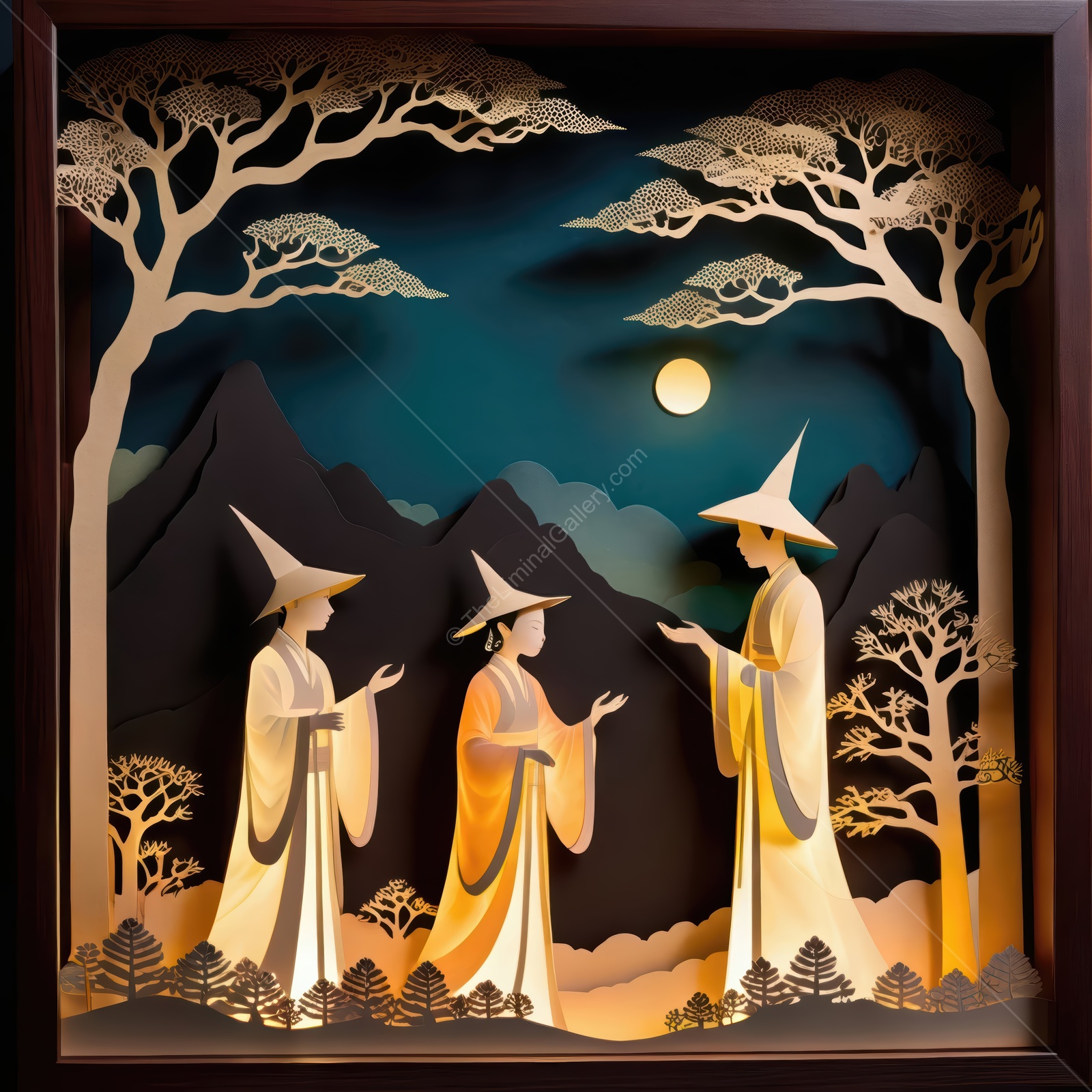 Elegant Eastern paper art depicting three figures in traditional attire conversing under a bright moon surrounded by serene Asian mountains and trees