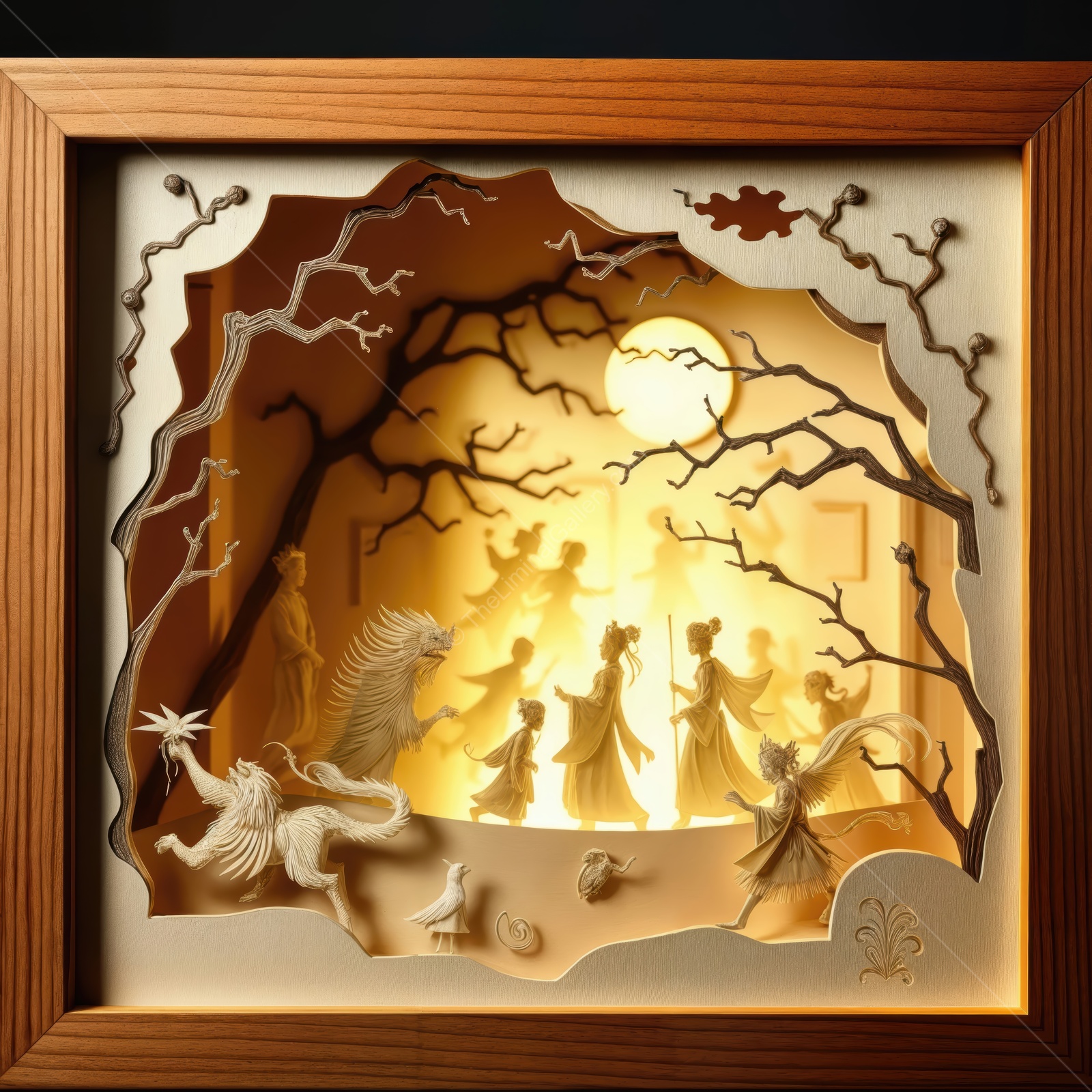 Intricate Eastern paper art depicting a whimsical night celebration with dancers and mystic creatures under a full moon