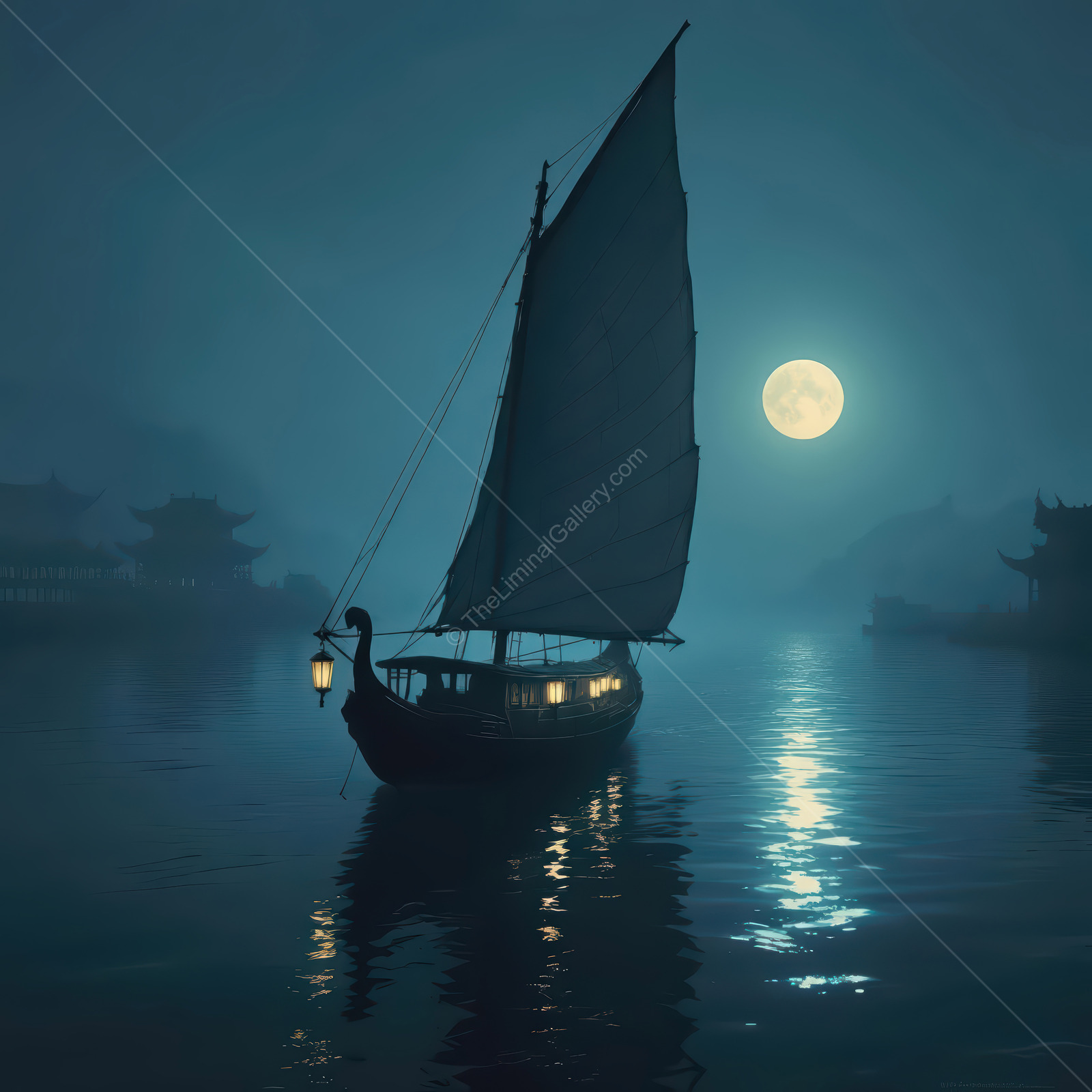 Majestic Eastern sailing under a full moon with soft reflections on serene Asian waters