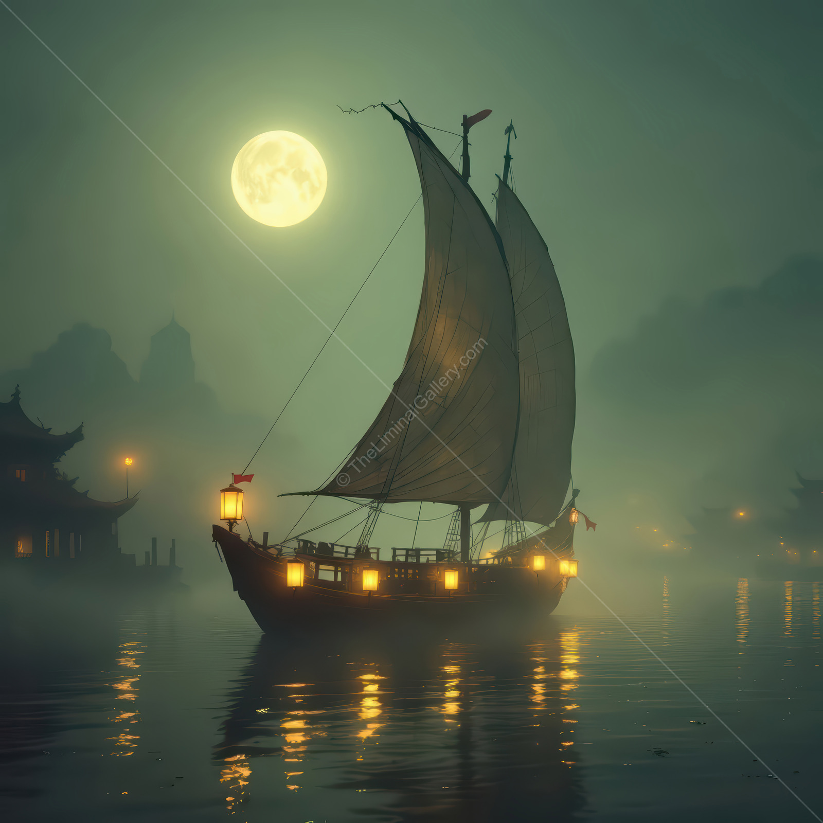 Majestic Asian sailing ship glides through misty waters under a glowing full moon at Eastern twilight