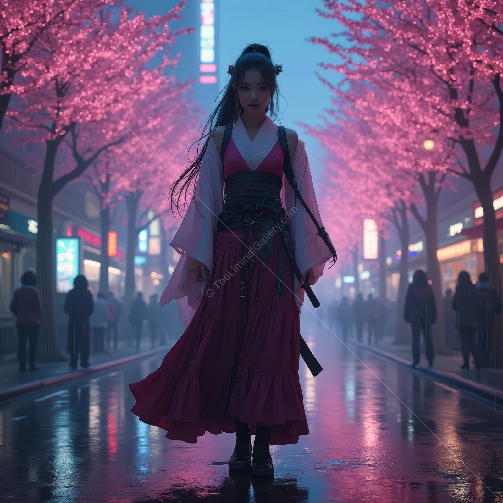 Enchanting Asian samurai warrior walks through cherry blossom street at night