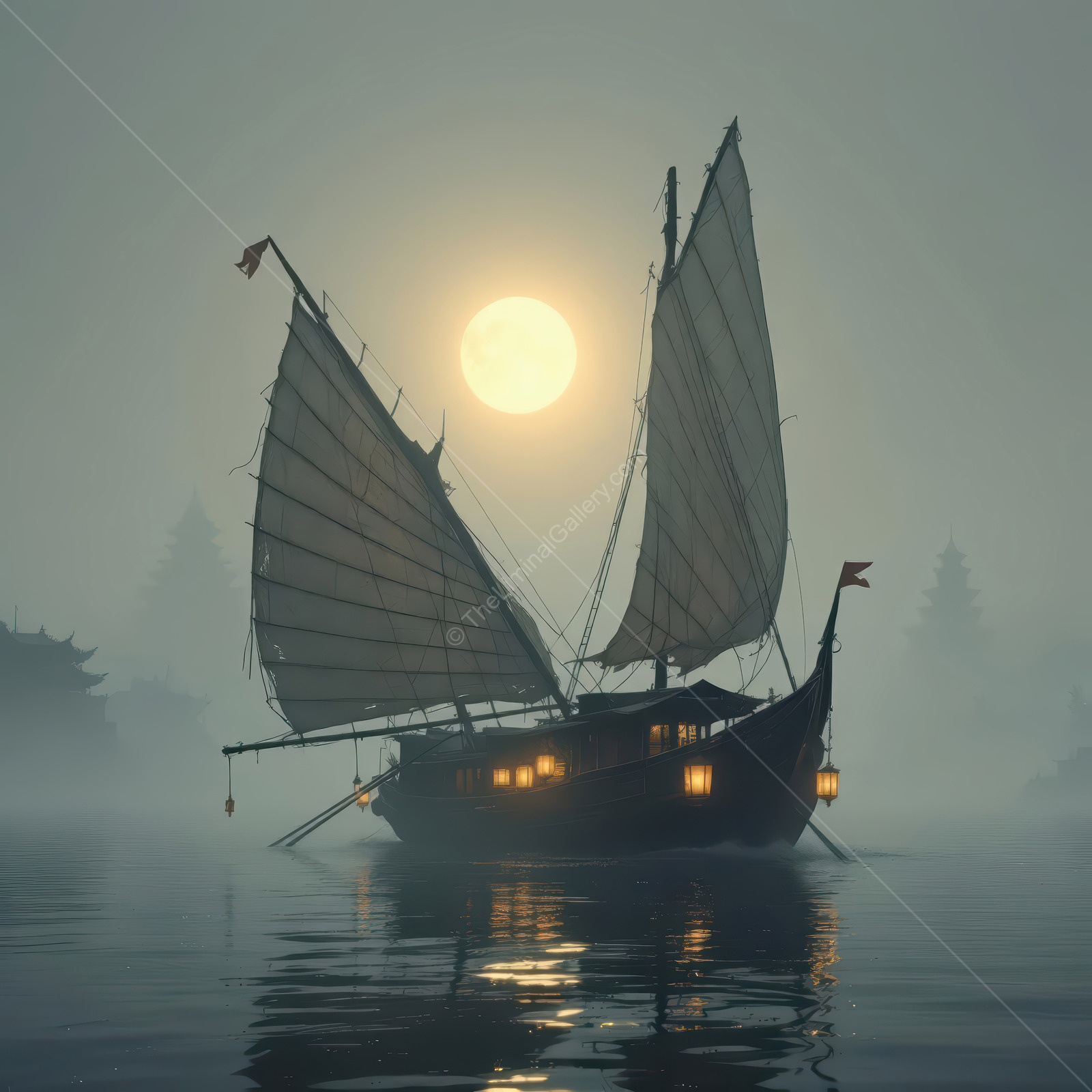 Mysterious Asian sailing ship navigating foggy waters under a full moon at Eastern twilight