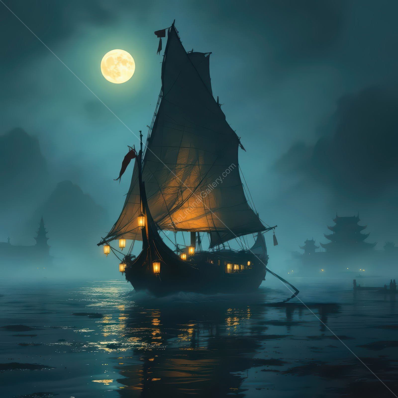 Moonlit journey across the misty waters with a traditional Asian sailing ship at night in an Eastern landscape