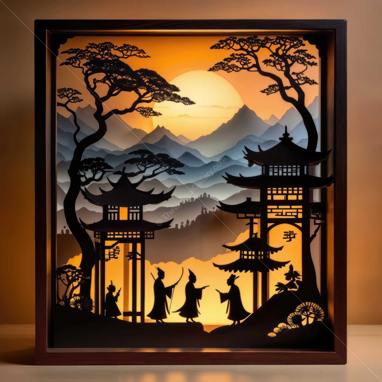 Serene Asian evening silhouette of traditional figures against a vibrant Eastern sunset in a tranquil landscape