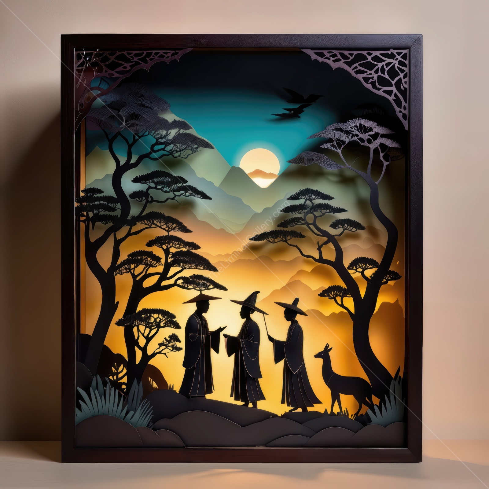 Enchanting Asian forest silhouette with travelers and a deer under a mystical Eastern sunset sky in serene landscape