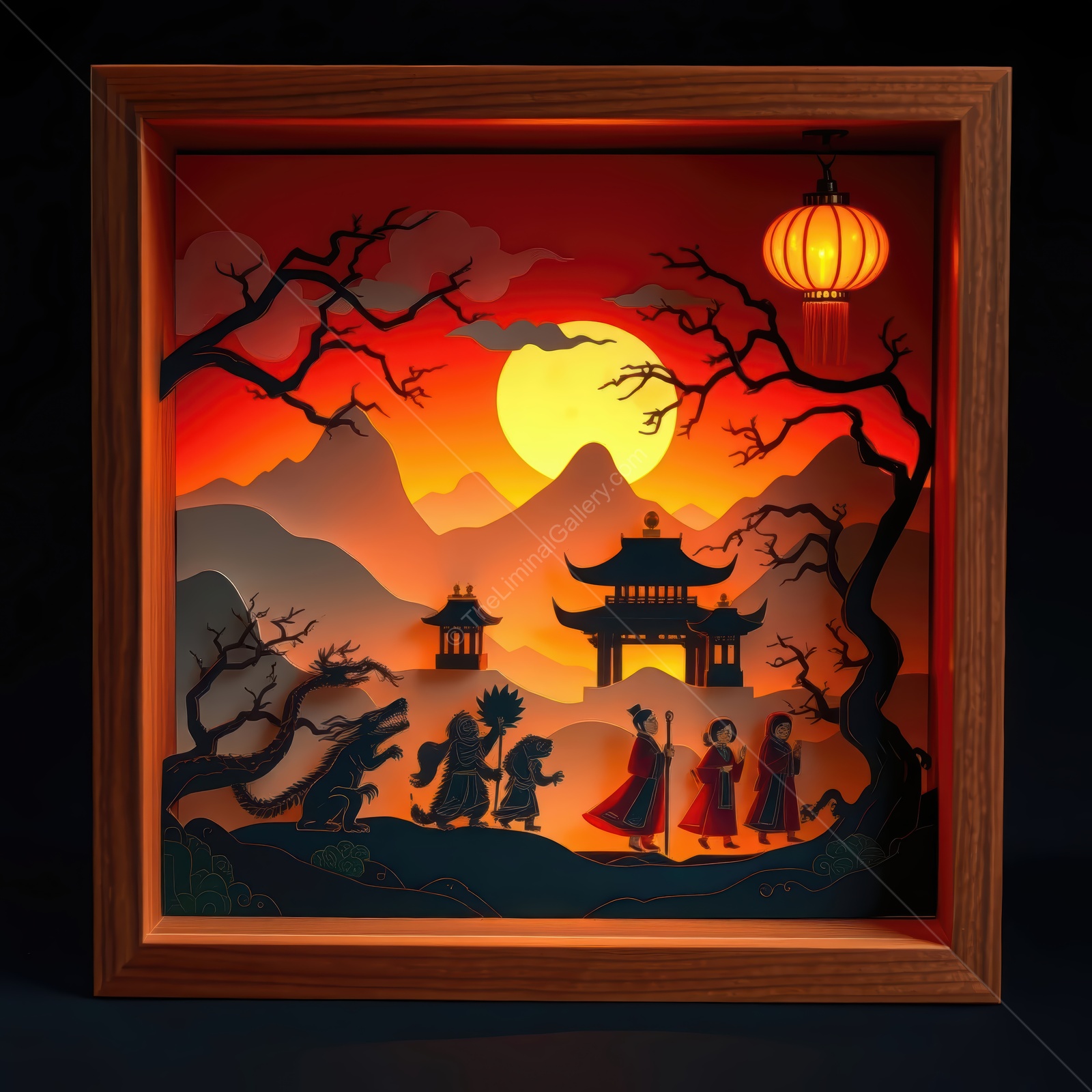 Exploring ancient Asian traditions in a vibrant twilight scene with figures walking towards a mystical Eastern landscape