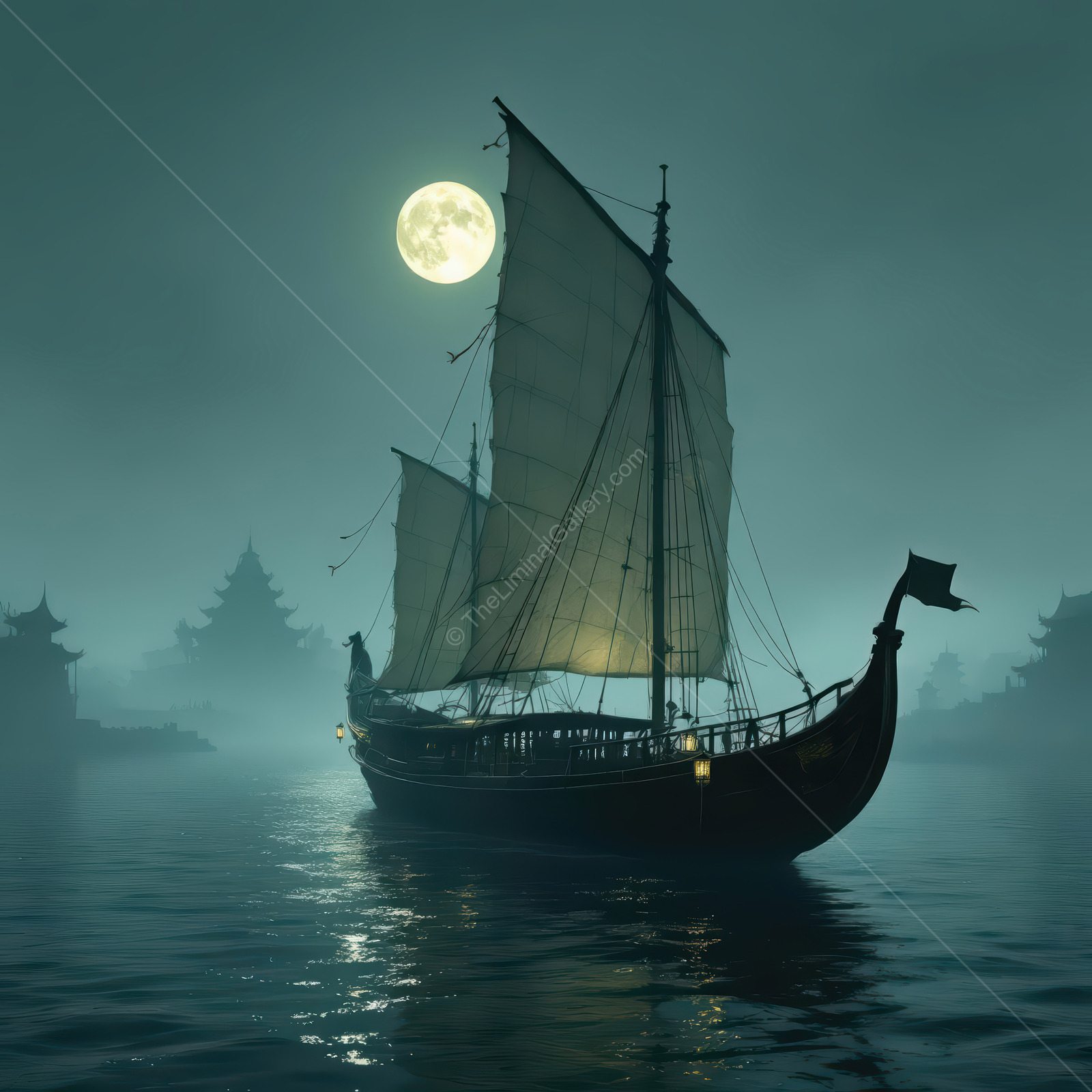 Mysterious Eastern sailing vessel gliding through foggy waters under the full Asian moon