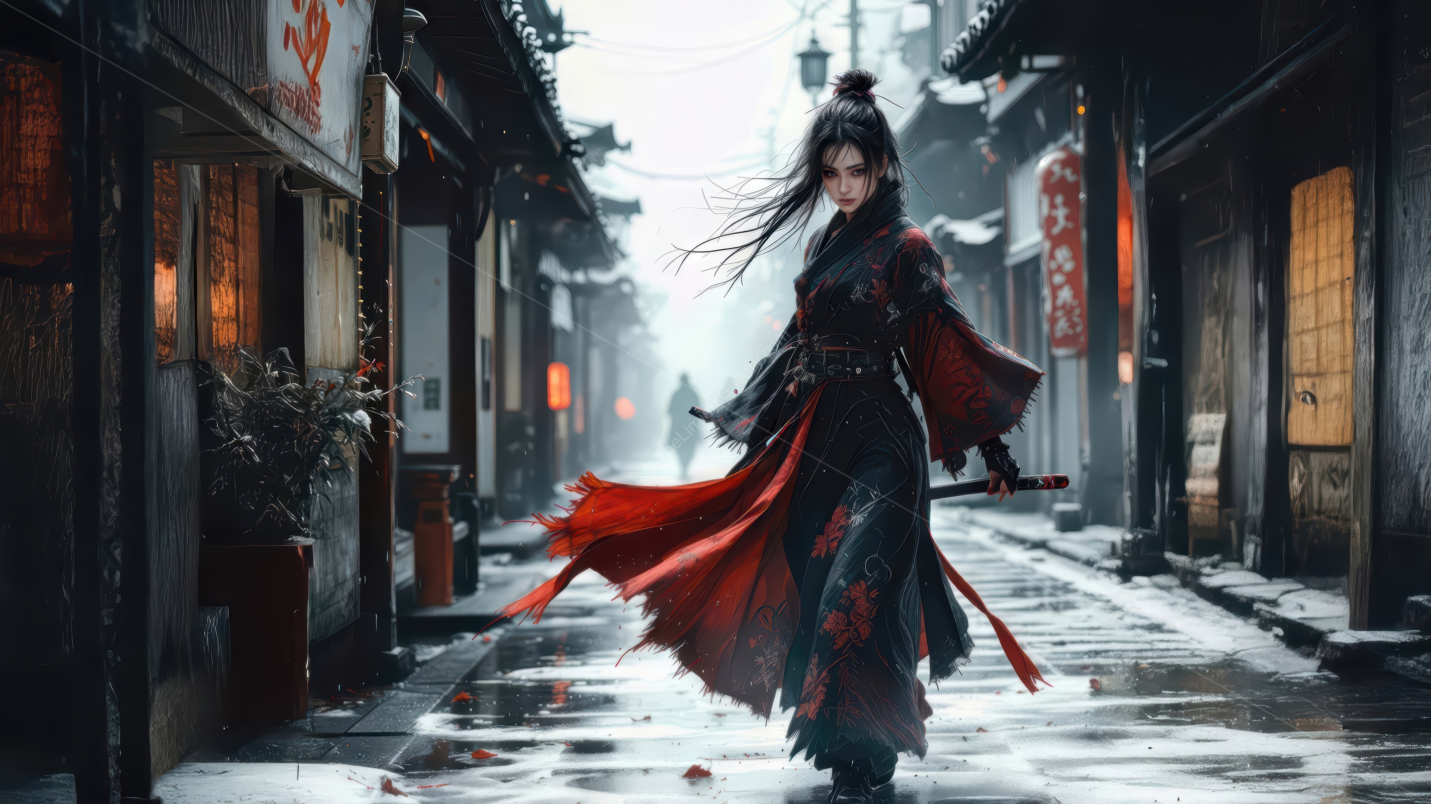 Warrior in a traditional Asian town at dusk, showcasing Eastern elegance and strength with flowing red garments