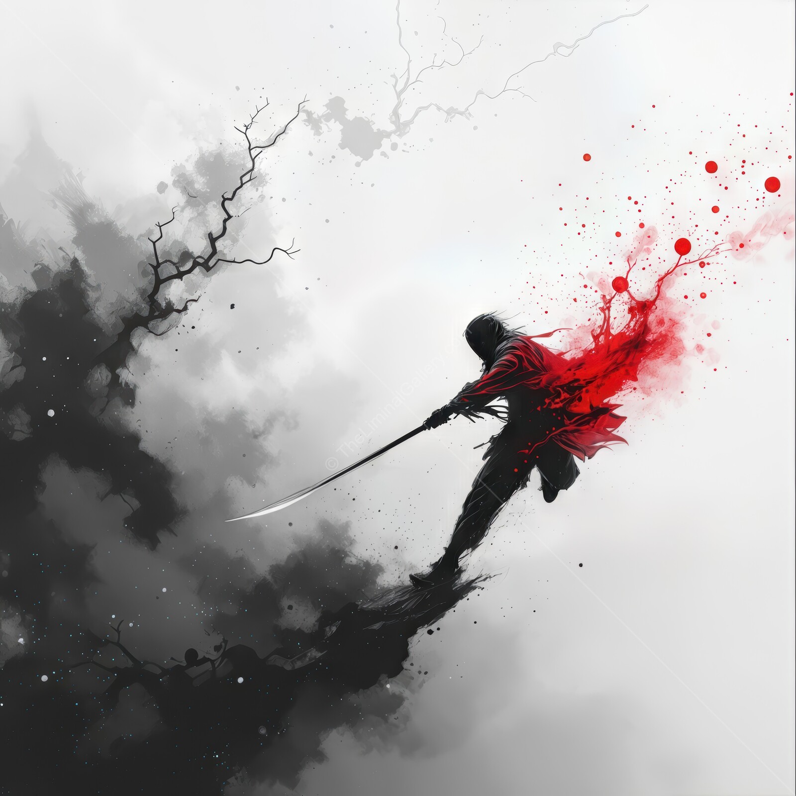 Asian warrior emerges from shadows, wielding a sword and surrounded by vibrant splashes of red
