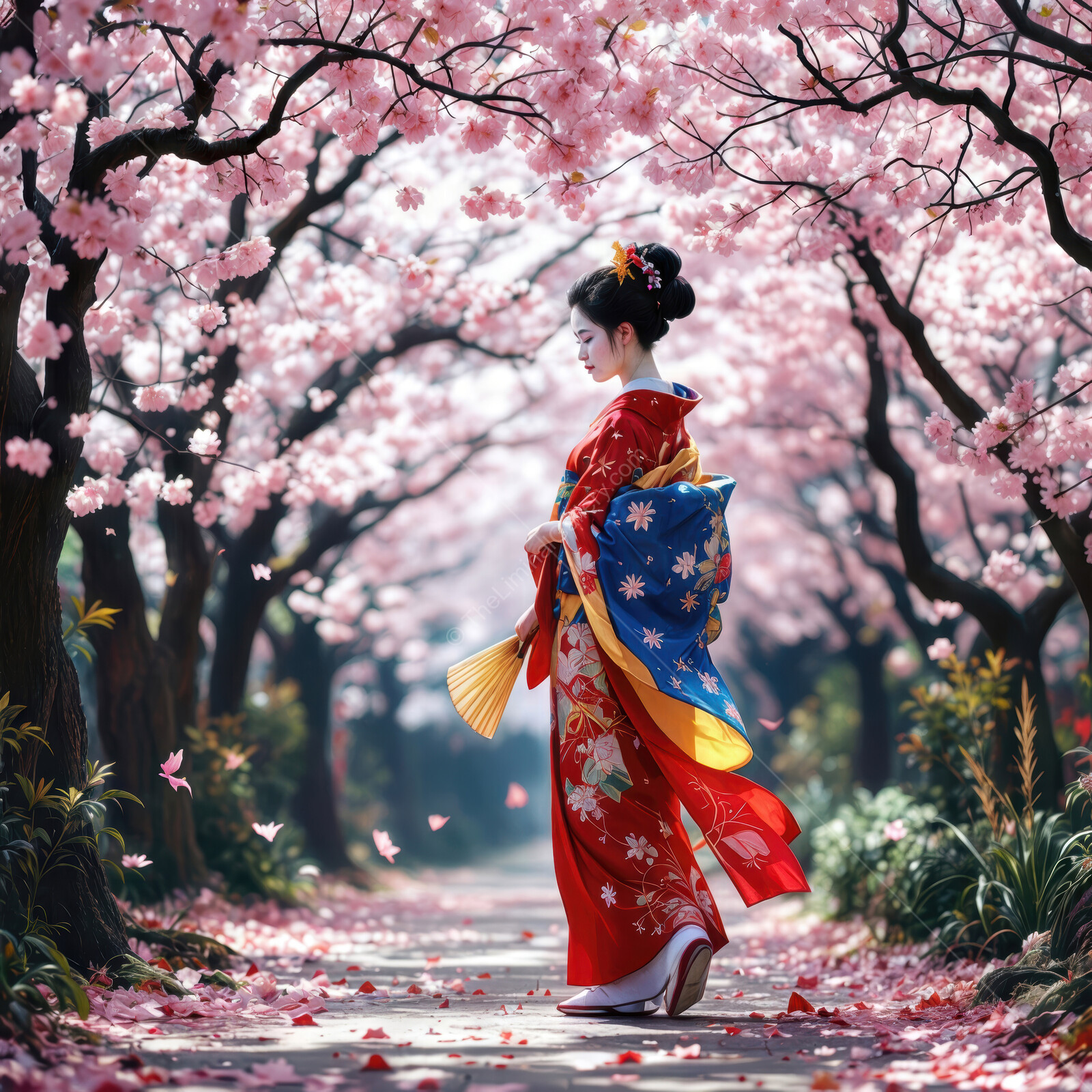 Beauty of cherry blossoms as a geisha in traditional kimono strolls through enchanting pink flowers