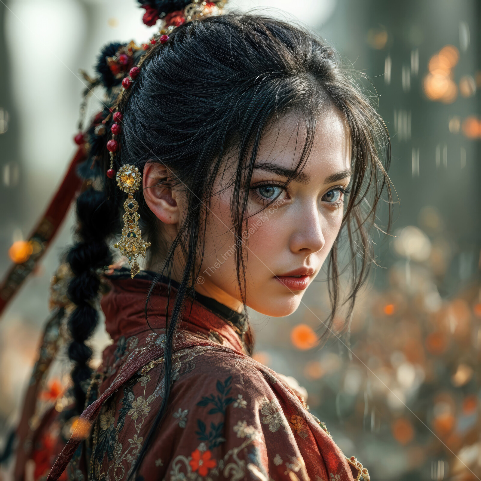 Beauty and grace in a mystical forest during autumn's gentle rain