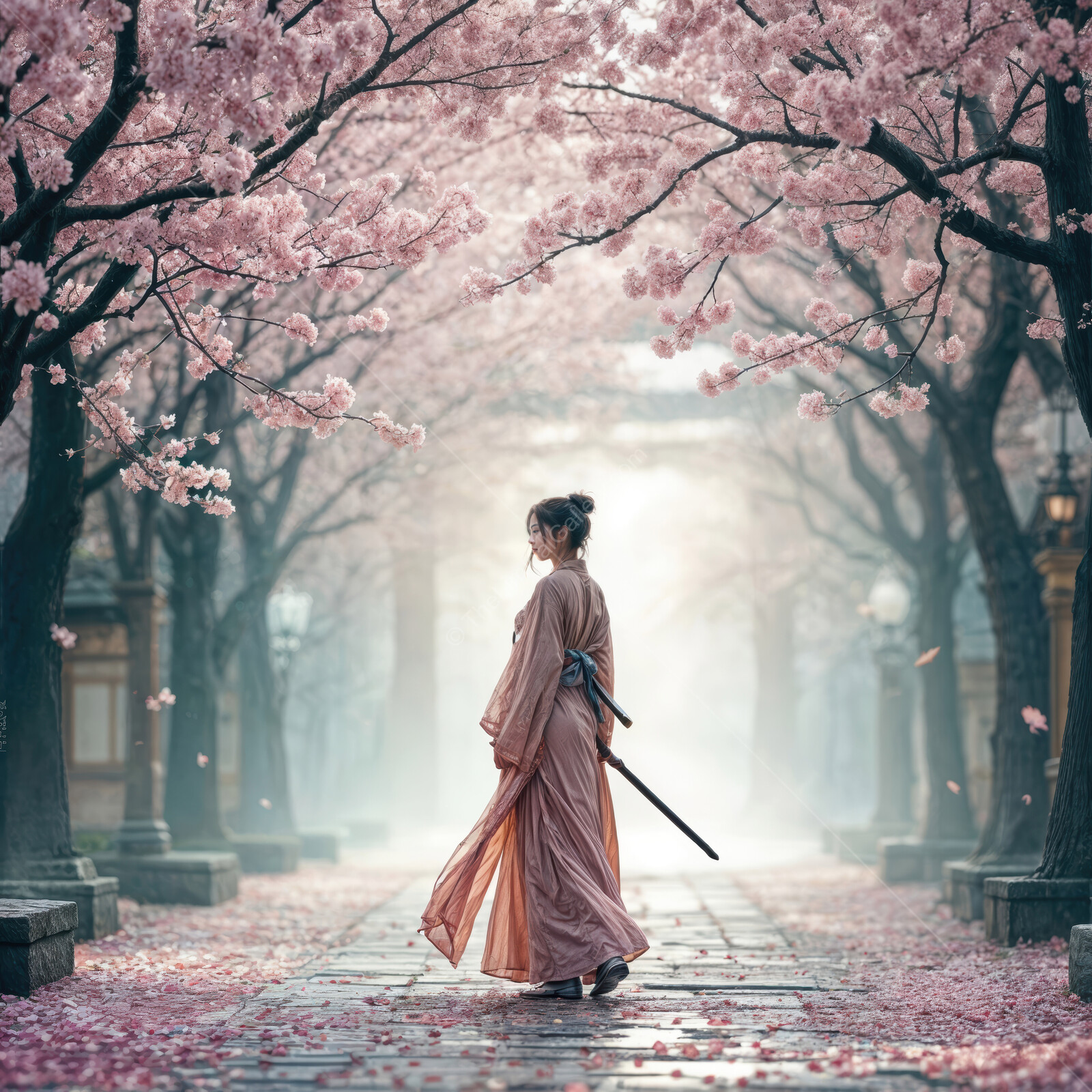 Amidst cherry blossoms, a lone figure strolls gracefully along a tranquil path at dawn