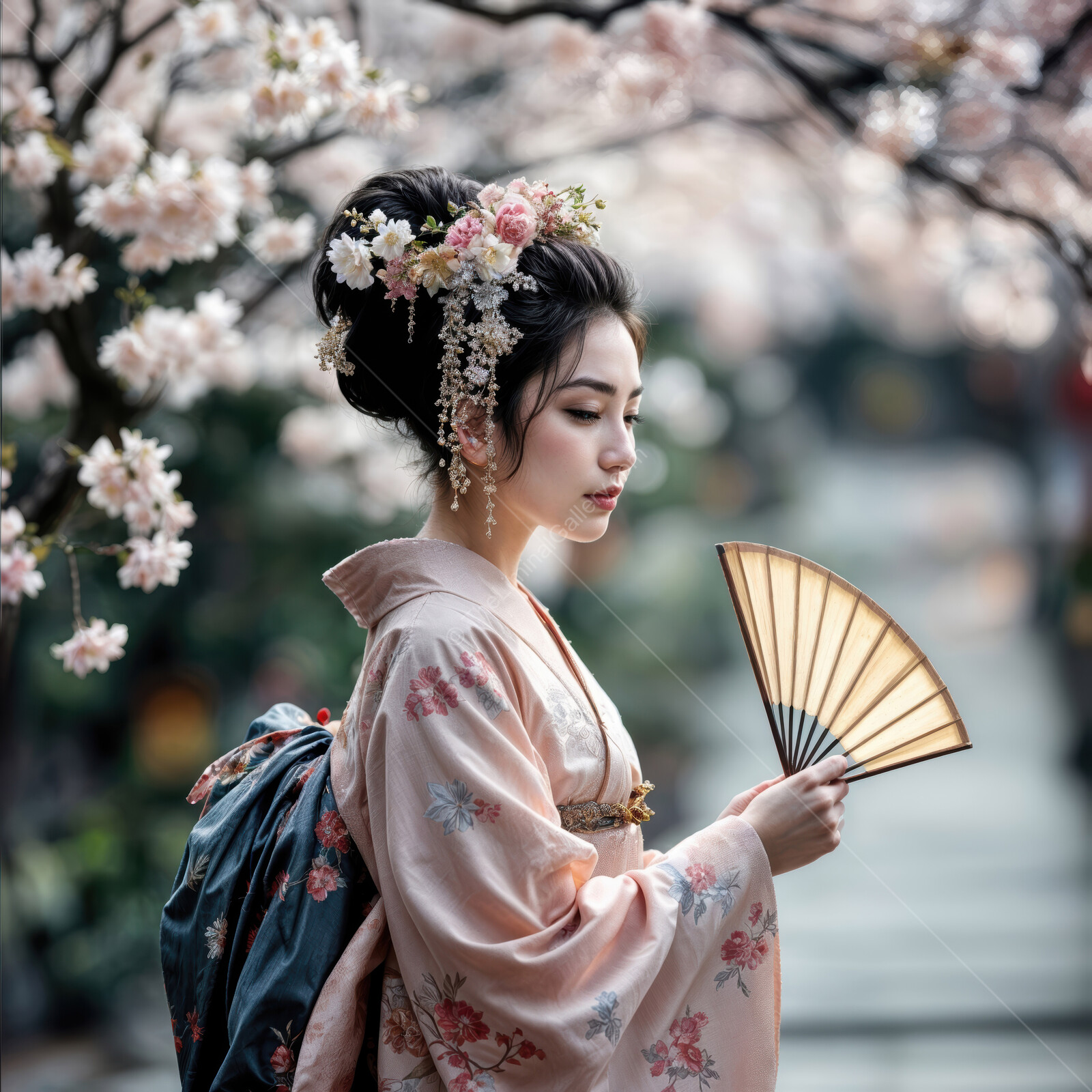 Delicate beauty showcasing traditional attire amidst blooming cherry blossoms in springtime serenity